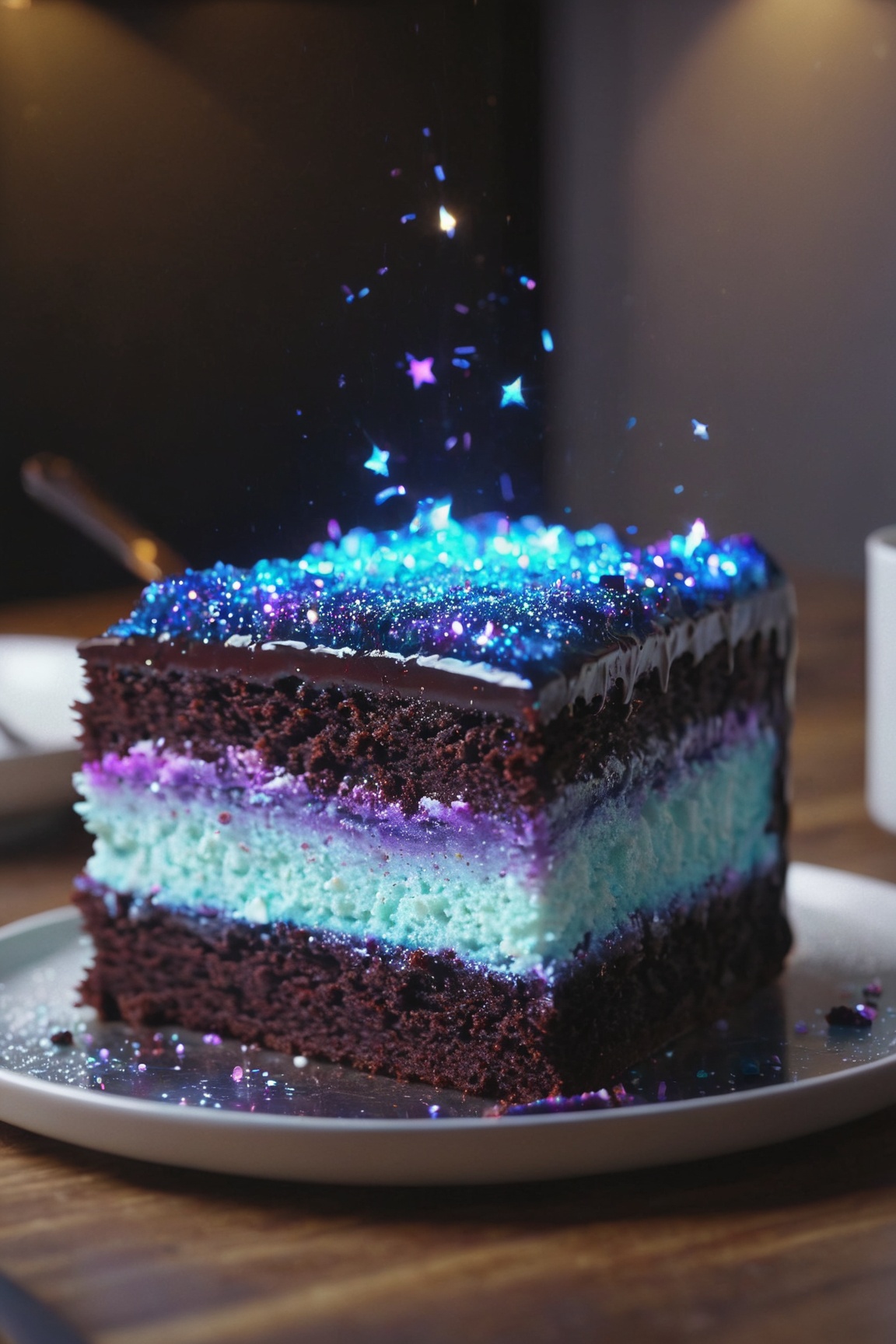 Delicious glowing galaxy cake on a dining table in the kitchen,  comfortable light ,  romantic light on Tensor.Art