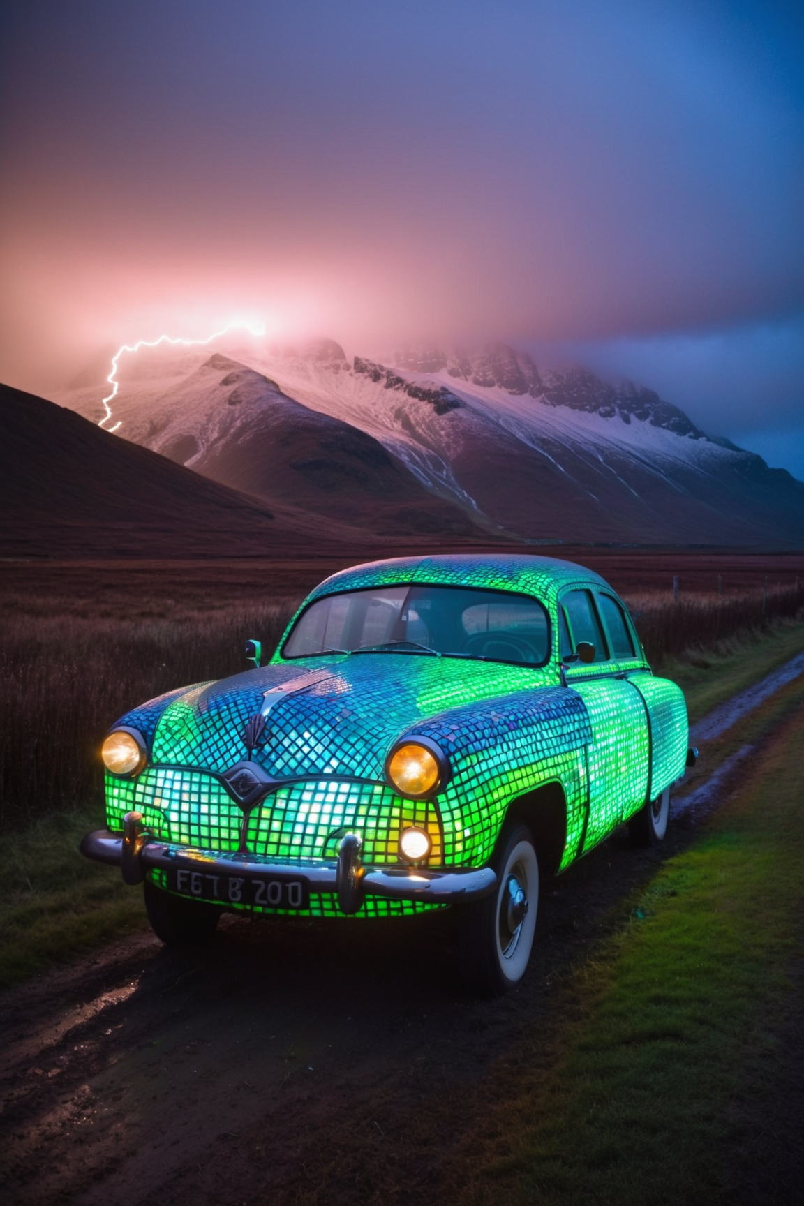 by Tom Fruin,  Airbrush painting,  landscape of a 1950'S Luminescent and Electric Vehicle on Tensor.Art