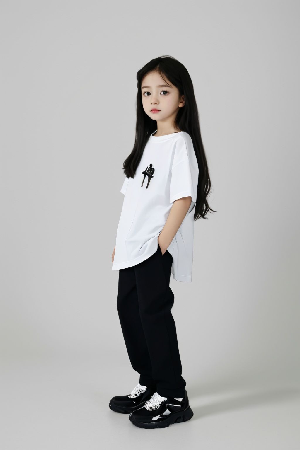 nvhai,solo,realistic,(standing:1.1),black shoes,black trousers,(the whole body:1.2),(child:1.2),looking_at_viewer,long_hair,simple_background,white_background,masterpiece,best quality,unity 8k wallpaper,ultra detailed,absurdres,incredibly absurdres,wallpaper,ten year old girl,(RAW photo, 4k, realistic, exquisitely detailed skin),masterpiece,best quality,unity 8k wallpaper,ultra detailed,cinematic look,natural skin texture,extremely realistic skin texture,finely detailed face,(film grain:1.2),cinematic angle,Fujifilm XT3,(highlydetailed),(night scene),(street corner),(1girl),(detailed lighting),(contrast),(mysterious atmosphere),vivid illumination,masterful technique,harmonious composition,immersive atmosphere,stunning visuals,