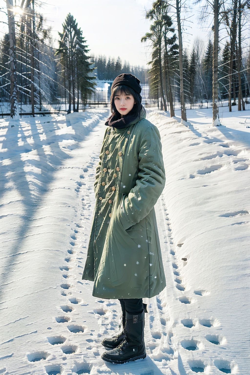   ((masterpiece)),  ((best  quality)),  8k,  high  detailed,  ultra-detailed,(1girl),full-body,  in  winter,  (snowy  ground),  (outdoor),  (cold),  (white),  (freezing),  (winter  clothing),  (boots),  (coat),  (hat),  (gloves),  (scarf),  (ice),  (snowflakes),  (blue  sky),  (sunlight),  (tree  branches),  (winter  scenery).,lvlvlv,1girl