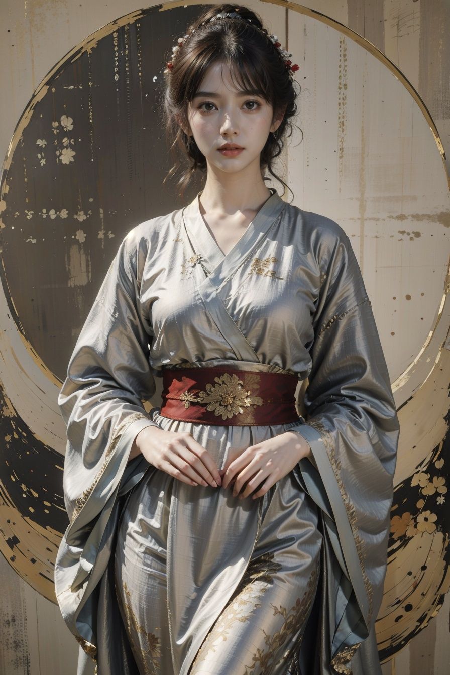 1girl,hanfu,silver foil texture,linen texture,linen texture background,linen texture clothing,vermilion belt,printing,mucha art style,sleeves printed in red gold,figure,jewelry,a white top,, best quality,masterpiece,(photo realistic),