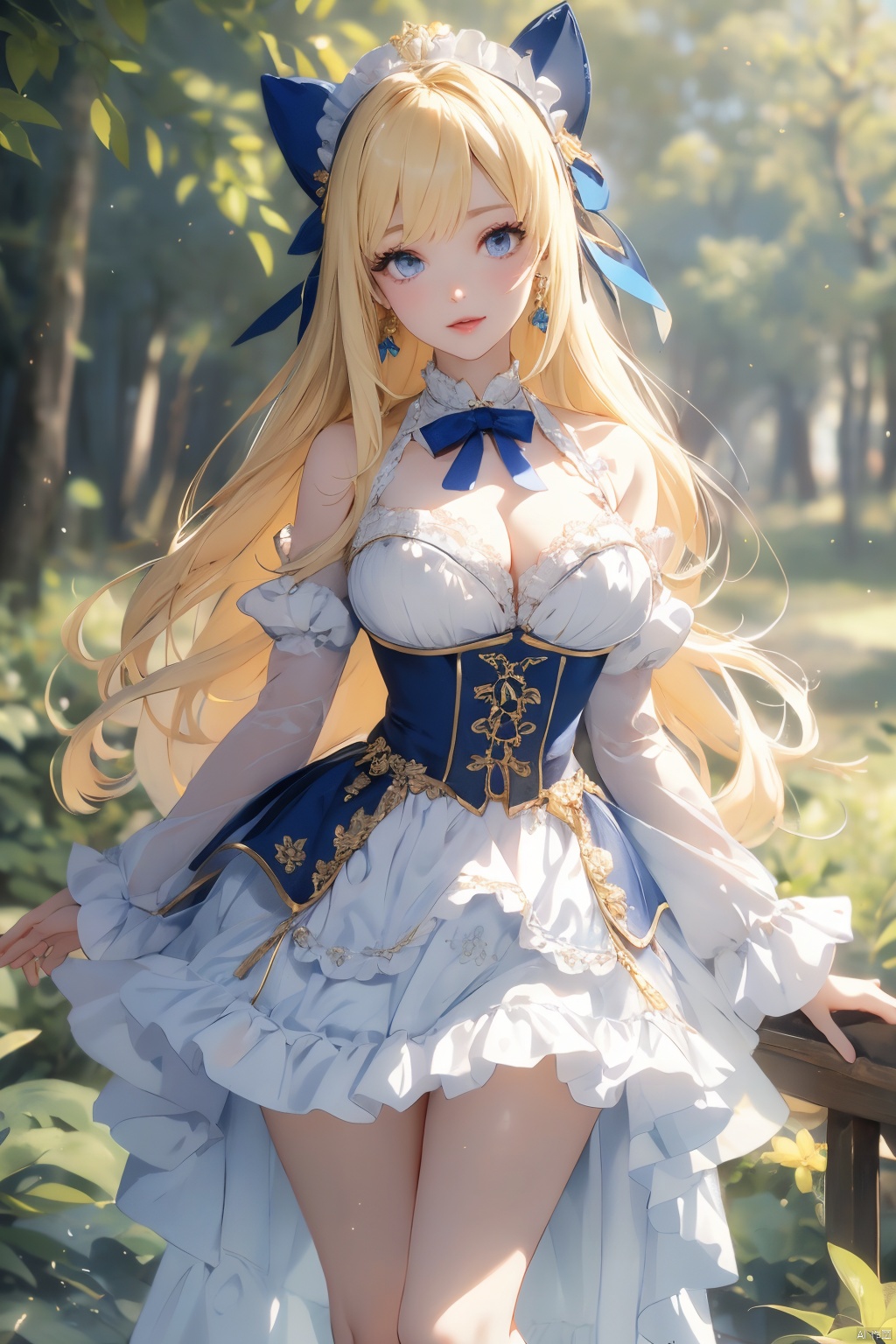 perfect face　blonde　super long hair　bangs bangs　frills　white skin　blue eyes　high school girl　Large skin area　pale skin pigment　lure 　Thighs　anime style　big ribbon　yellow green　cute　super mini skirt　white blouse　earrings　sticking out one&#39;s shoulders　breast bag　masterpiece　big breasts　gothic lolita　cleavage　corset　pure gold　smile　underboob　lover　in the forest　butterfly　alone　chest emphasis　barefoot　Cat ear　今日のお題teeth「frills」 「frills」teeth、It is a frilly decoration attached to the sleeves, collars, and hems of skirts of clothes.。 Cute maid outfits and idol costumes、Fluffy dresses etc.、ガーリーなスタイルにteeth欠かせませんよね。 今日teeth、frillsをテーマに絵を描いてみましょう。