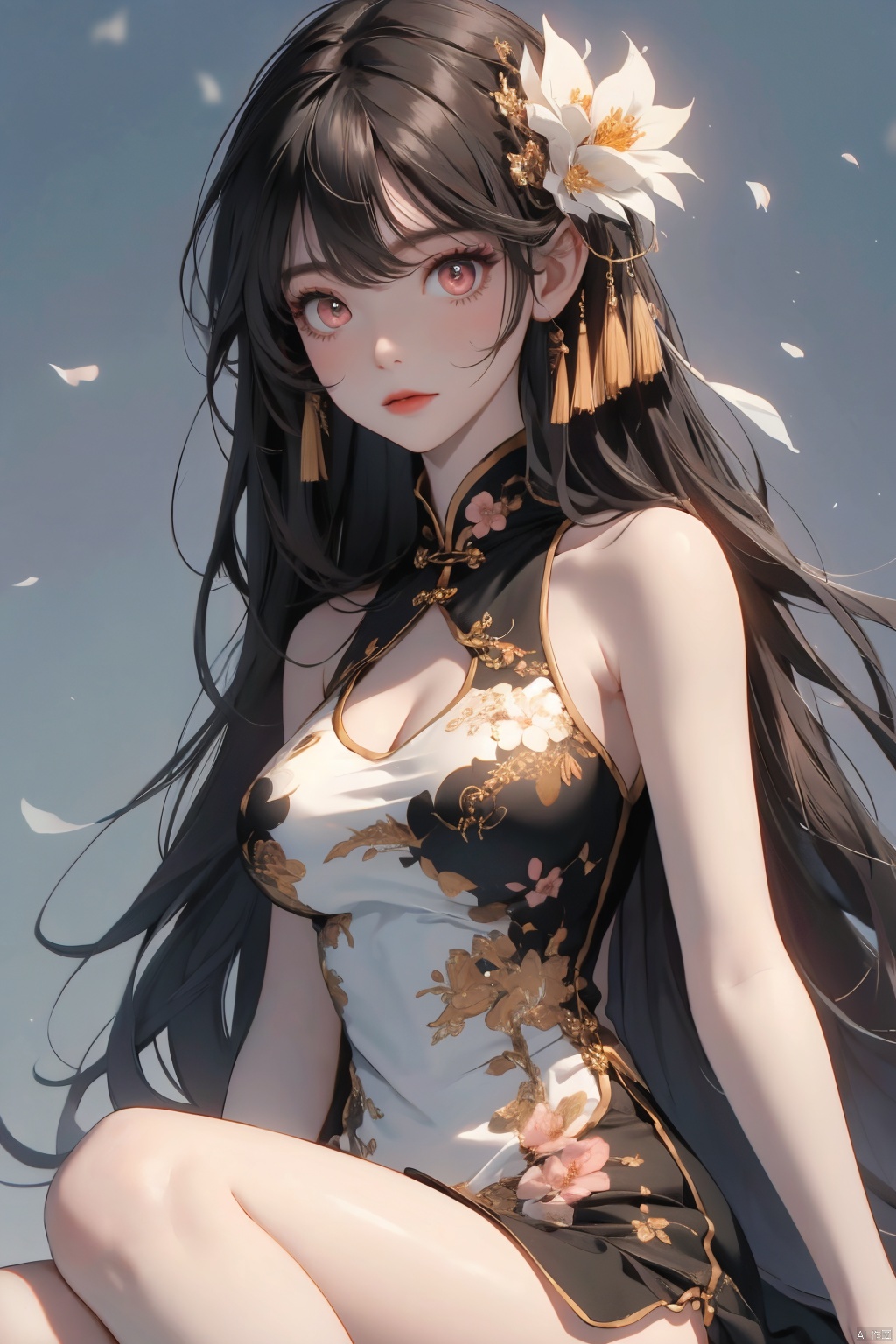  , 1girl, solo, long hair, breasts, dress, china dress, brown hair, chinese clothes, large breasts, sitting, looking at viewer, white dress, bare shoulders, white background, sleeveless, hair ornament, thighs, floral print, sleeveless dress, bangs, hand fan, simple background, flower, pelvic curtain, bare arms, pink eyes, holding fan, folding fan, hair flower, petals, closed mouth, holding