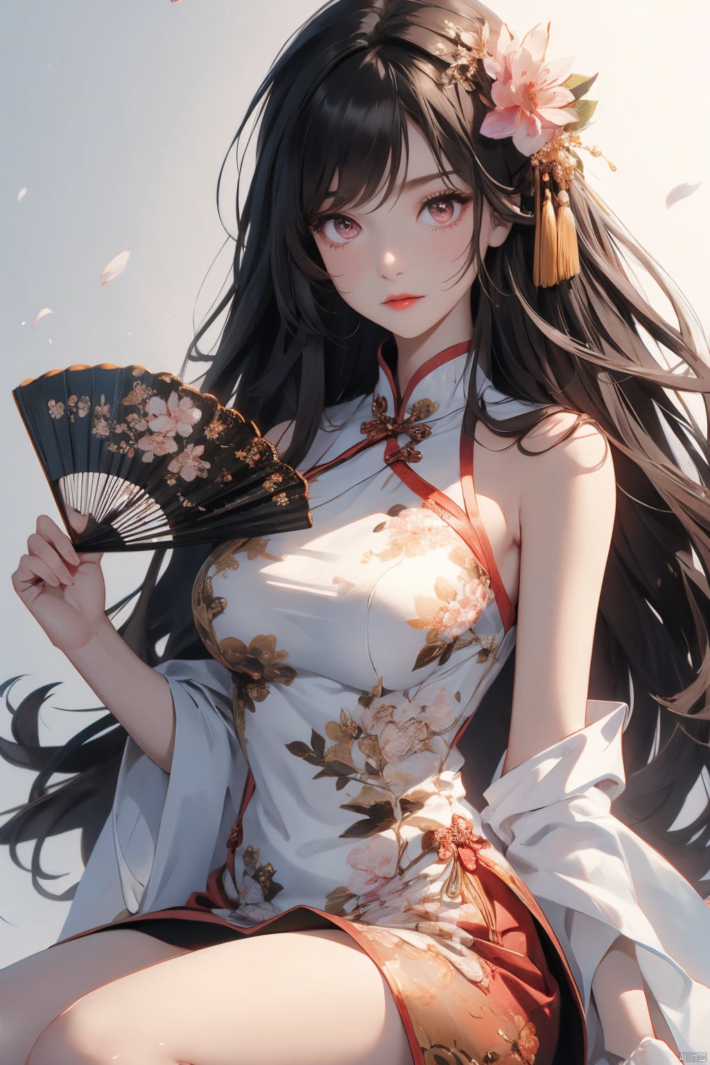  , 1girl, solo, long hair, breasts, dress, china dress, brown hair, chinese clothes, large breasts, sitting, looking at viewer, white dress, bare shoulders, white background, sleeveless, hair ornament, thighs, floral print, sleeveless dress, bangs, hand fan, simple background, flower, pelvic curtain, bare arms, pink eyes, holding fan, folding fan, hair flower, petals, closed mouth, holding