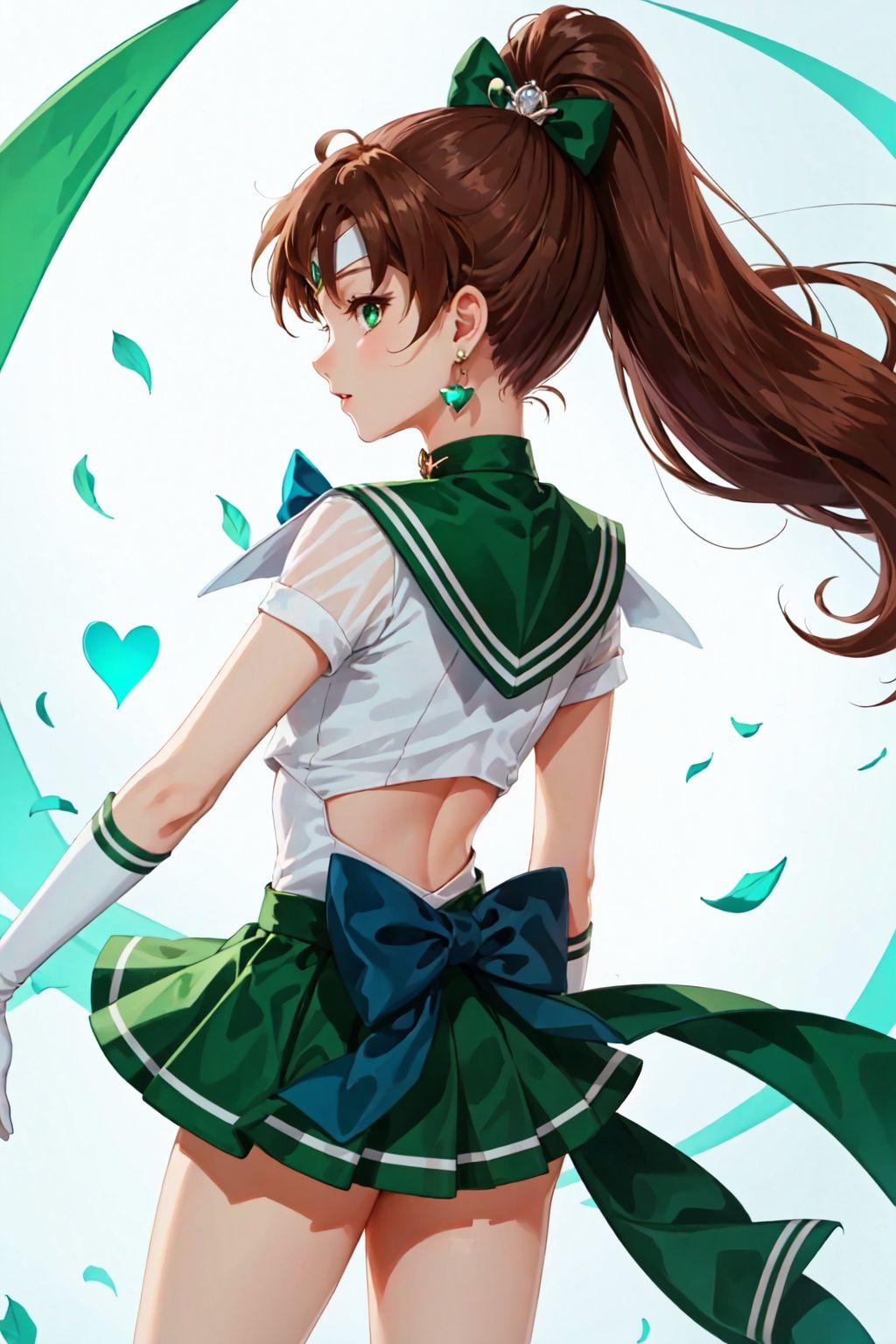 msn, 1girl, sailor jupiter, kino makoto, solo, sailor senshi uniform, bow, skirt, green skirt, green sailor collar, green eyes, pink bow, gloves, sailor collar, green choker, magical girl, choker, brown hair, jewelry, white gloves, ponytail, back bow, elbow gloves, tiara, brooch, green footwear, pleated skirt, hair ornament, hair bobbles, earrings, heart brooch, high ponytail