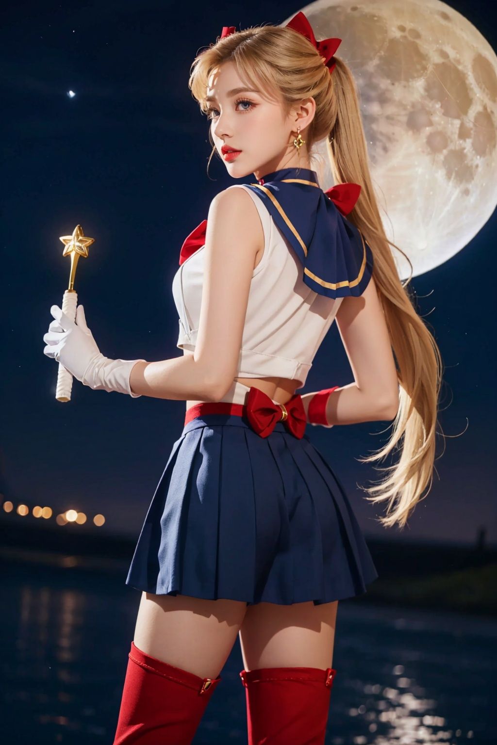  msn, 1girl, long hair, sailor moon, tsukino usagi, sailor senshi uniform, solo, blue sailor collar, blonde hair, moon, skirt, magical girl, gloves, sailor collar, white gloves, twintails, choker, blue eyes, double bun, knee boots, elbow gloves, hair bun, boots, red bow, bow, petals, jewelry, full moon, red choker, blue skirt, wand, hair ornament, very long hair, earrings, crescent, holding wand, pleated skirt, holding, red footwear, brooch, back bow,fantasy