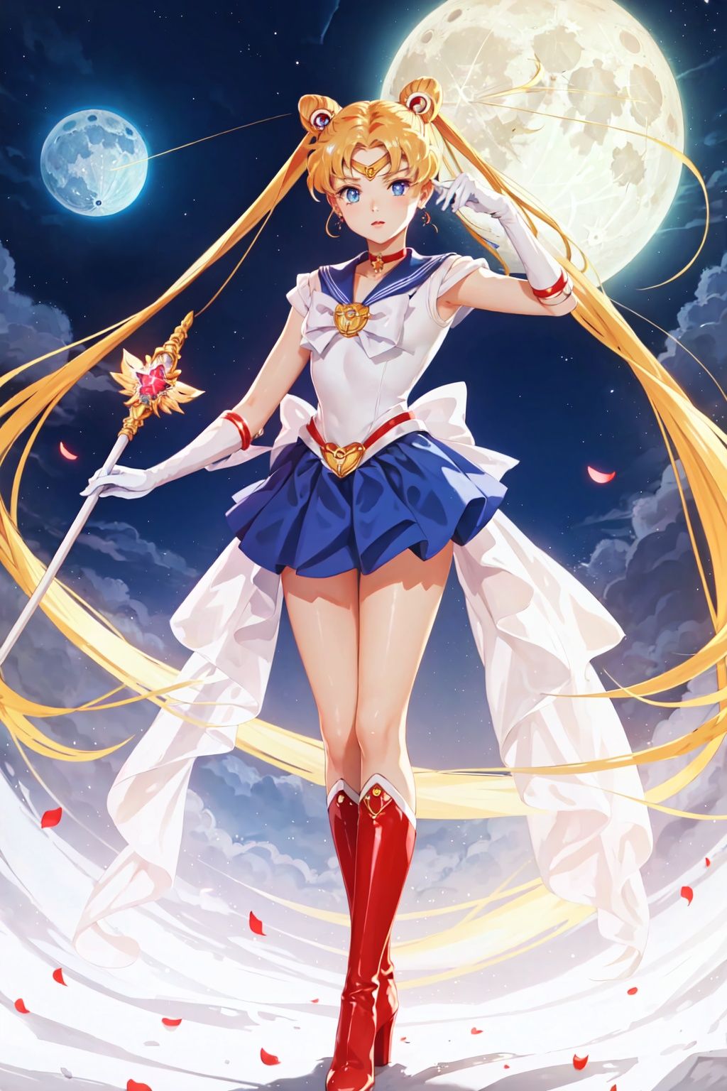 msn, 1girl, long hair, sailor moon, tsukino usagi, sailor senshi uniform, solo, blue sailor collar, blonde hair, moon, skirt, magical girl, gloves, sailor collar, white gloves, twintails, choker, blue eyes, double bun, knee boots, elbow gloves, hair bun, boots, red bow, bow, petals, jewelry, full moon, red choker, blue skirt, wand, hair ornament, very long hair, earrings, crescent, holding wand, pleated skirt, holding, red footwear, brooch, back bow,fantasy