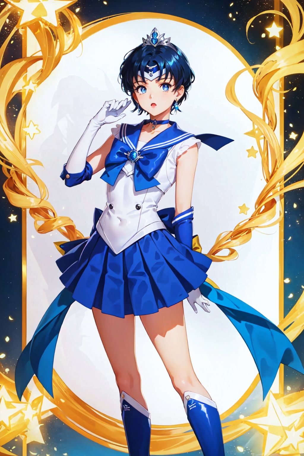 msn, 1girl, mizuno ami, sailor mercury, solo, sailor senshi uniform, skirt, blue eyes, blue hair, short hair, blue skirt, sailor collar, boots, choker, blue choker, blue footwear, gloves, blue sailor collar, knee boots, magical girl, bow, full body, elbow gloves, jewelry, pleated skirt, white gloves, back bow, blue theme, tiara, standing, blue bow, miniskirt, blue background, earrings