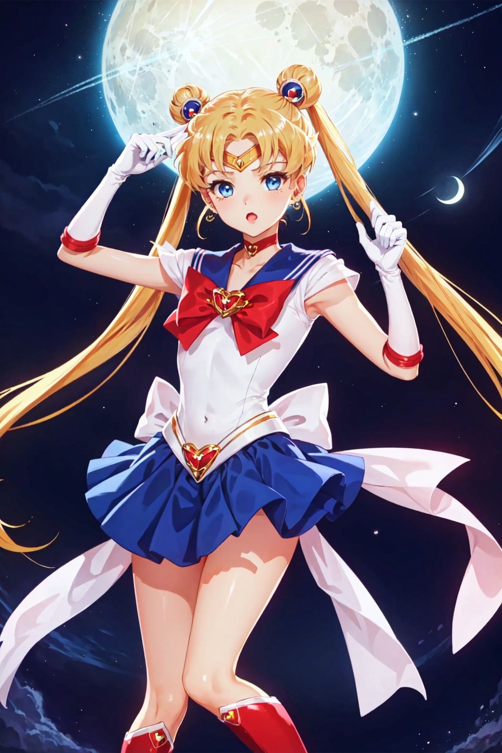 msn, 1girl, solo, tsukino usagi, sailor moon, sailor senshi uniform, blonde hair, multicolored clothes, long hair, multicolored skirt, twintails, brooch, skirt, blue eyes, magical girl, jewelry, knee boots, boots, hair bun, heart brooch, gloves, bow, double bun, sailor collar, back bow, elbow gloves, blue sailor collar, heart, red bow, white gloves, tiara, hair ornament, pleated skirt, moon