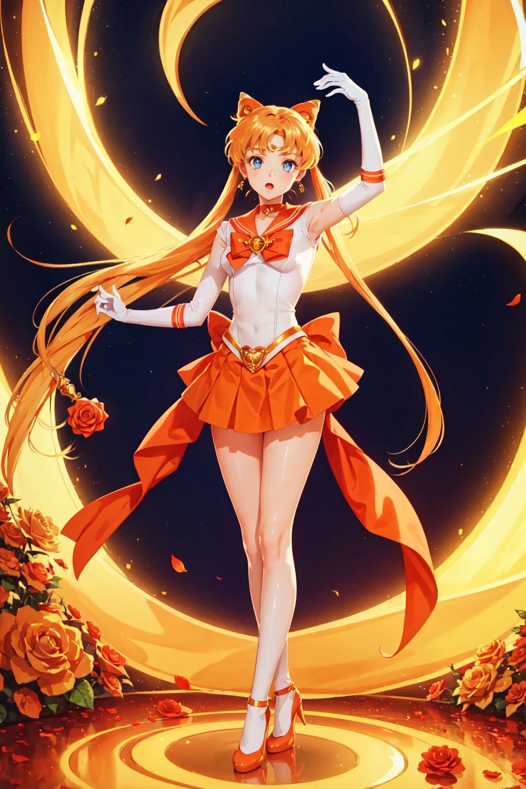 msn, 1girl, long hair, sailor venus, solo, blonde hair, sailor senshi uniform, skirt, aino minako, gloves, bow, orange skirt, magical girl, elbow gloves, red bow, hair bow, white gloves, orange sailor collar, very long hair, choker, blue eyes, orange footwear, standing, flower, full body, orange choker, arm up, rose, sailor collar, high heels, blue bow, jewelry, floral background, pleated skirt, back bow, tiara, looking at viewer, miniskirt