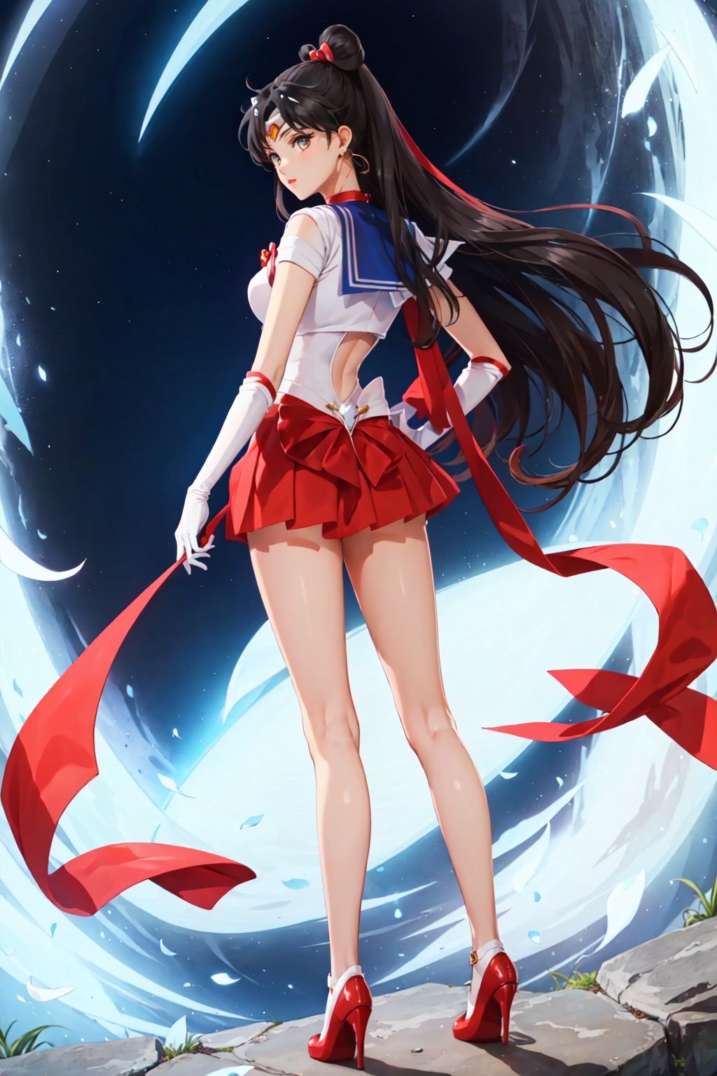 msn, 1girl, hino rei, sailor mars, solo, long hair, sailor senshi uniform, gloves, skirt, red skirt, red sailor collar, black hair, magical girl, back bow, sailor collar, bare legs, white gloves, high heels, jewelry, bow, elbow gloves, choker, earrings, tiara, very long hair, full body, purple eyes, pleated skirt, hand on hip, red footwear, shoes