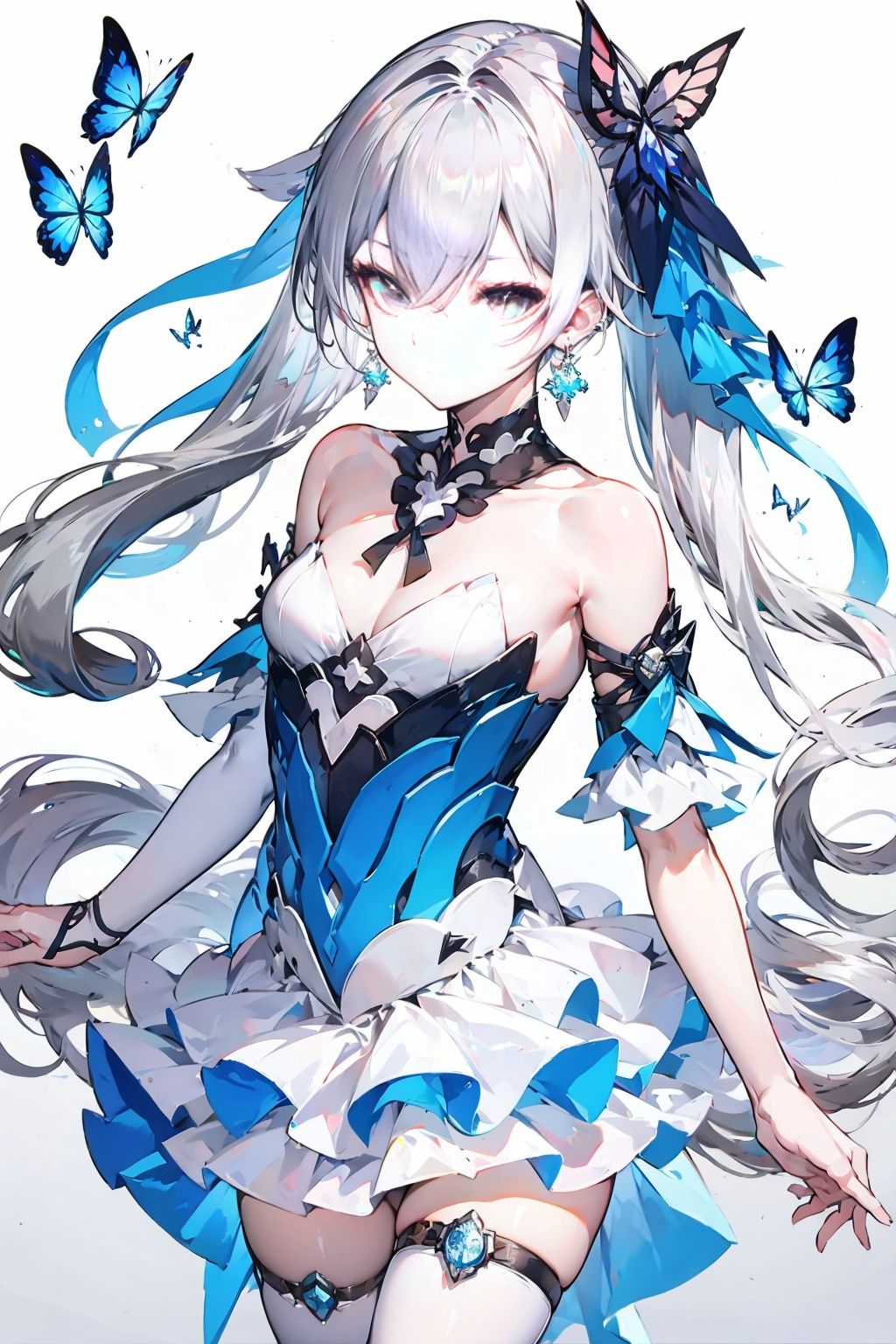 yaya，earrings, silver hair，1girl, bronya zaychik, jewelry, long hair, dress, layered_dress, solo, looking_at viewer, cross earrings, breasts, bare shoulders, butterfly, grey eyes, small breasts, , thighhighs<lora:yaya-02:0.8>,