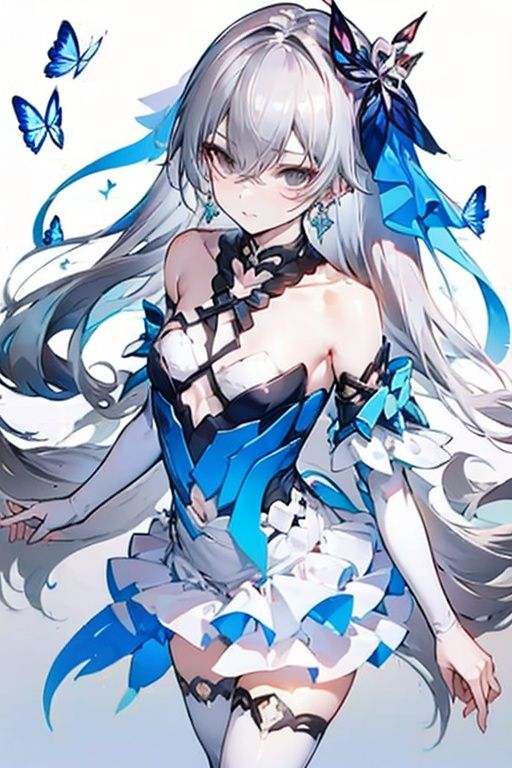 yaya,earrings,silver hair,1girl,bronya zaychik,jewelry,long hair,dress,layered_dress,solo,looking_at viewer,cross earrings,breasts,bare shoulders,butterfly,grey eyes,small breasts,thighhighs,<lora:yaya-02:1.0>,