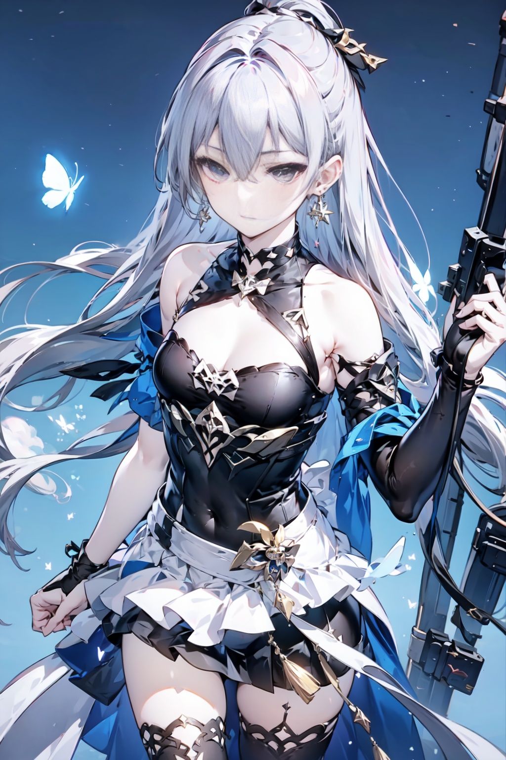 yaya,earrings,silver hair,1girl,bronya zaychik,jewelry,long hair,dress,layered_dress,solo,looking_at viewer,cross earrings,breasts,bare shoulders,butterfly,grey eyes,small breasts,thighhighs,