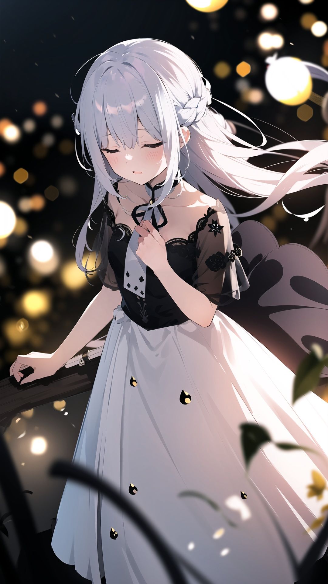 (blurry, depth of field,blurry foreground:1.35),Dreamweaver diva, phantasmal, surreal, night-sky hair, dreamscape, orchestrating, symphony of slumber, dress of dusk, floating among dreams, deep night, lullaby of the subconscious, dream orchestration scene,Neck,Unity, (from above),flower,1girl