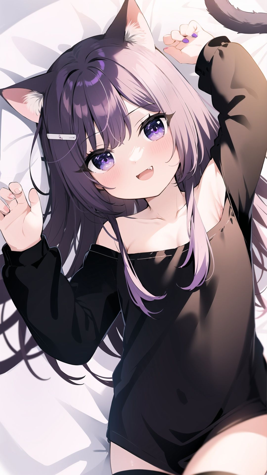 1girl, animal ears, tail, streaked hair, multicolored hair, sleeves past wrists, purple eyes, brown hair, cat ears, solo, purple nails, cat tail, long hair, purple hair, fang, on stomach, side-tie panties, long sleeves, hairclip, lying, depth of field, hair ornament, panties, nail polish, looking at viewer, underwear, blurry, off shoulder, cat girl, open mouth, stuffed toy, under covers, collarbone, bangs, :d, stuffed animal, bed sheet, black shirt, smile, animal ear fluff, blush, shirt, signature, arm up, blurry background, side-tie peek, black panties, white background, bare shoulders, tail raised, blanket