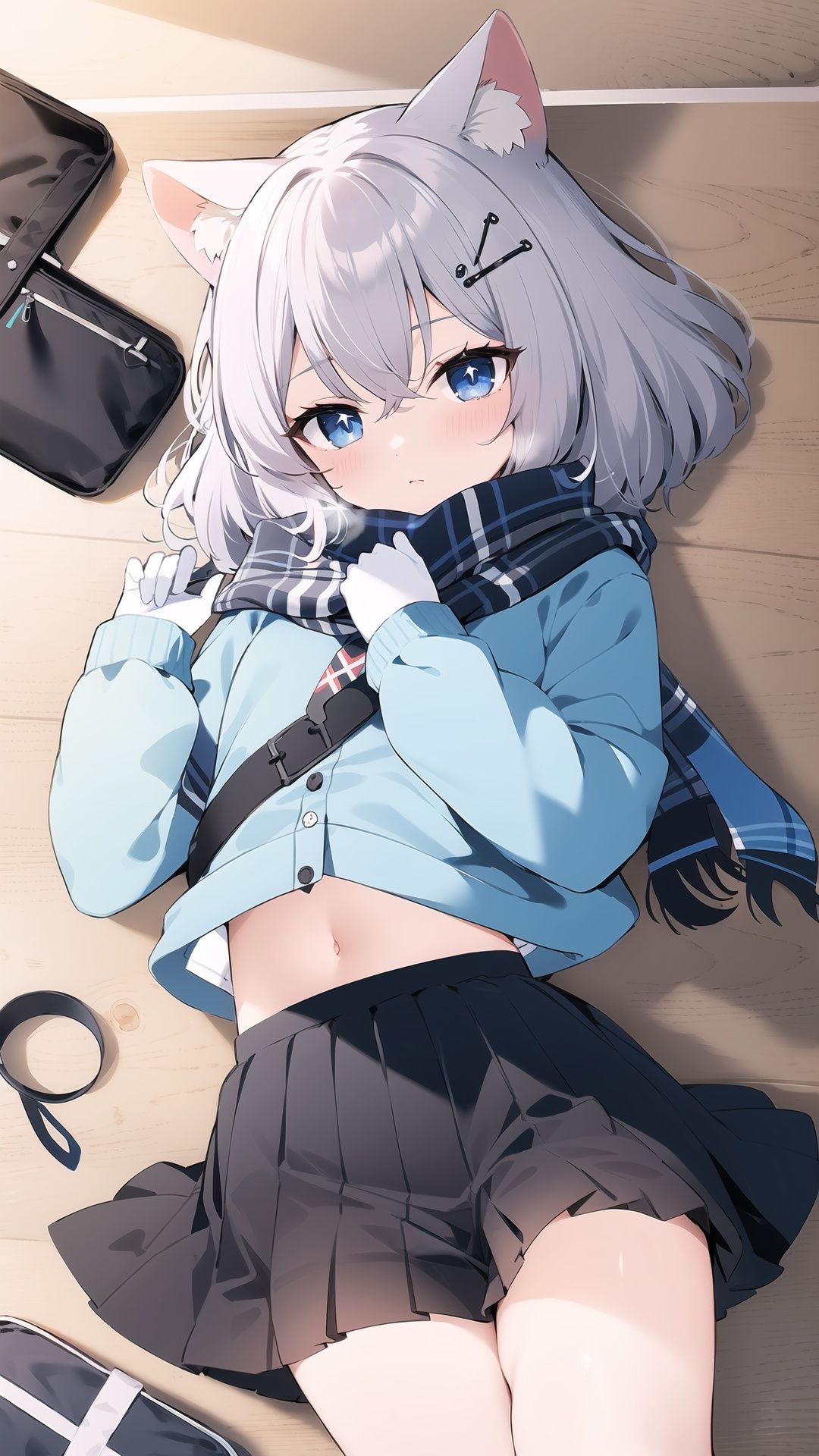 1girl, shiroko (blue archive), single glove, skirt, animal ears, solo, blue eyes, halo, scarf, animal ear fluff, shirt, hair ornament, grey hair, white shirt, white socks, bag, socks, gloves, looking at viewer, on stomach, pleated skirt, mismatched pupils, lying, bangs, long sleeves, green gloves, black skirt, plaid, no shoes, cross hair ornament, school uniform, plaid skirt, closed mouth, blush, kneehighs, striped scarf, blue scarf, school bag, striped, stuffed toy, hair between eyes, medium hair