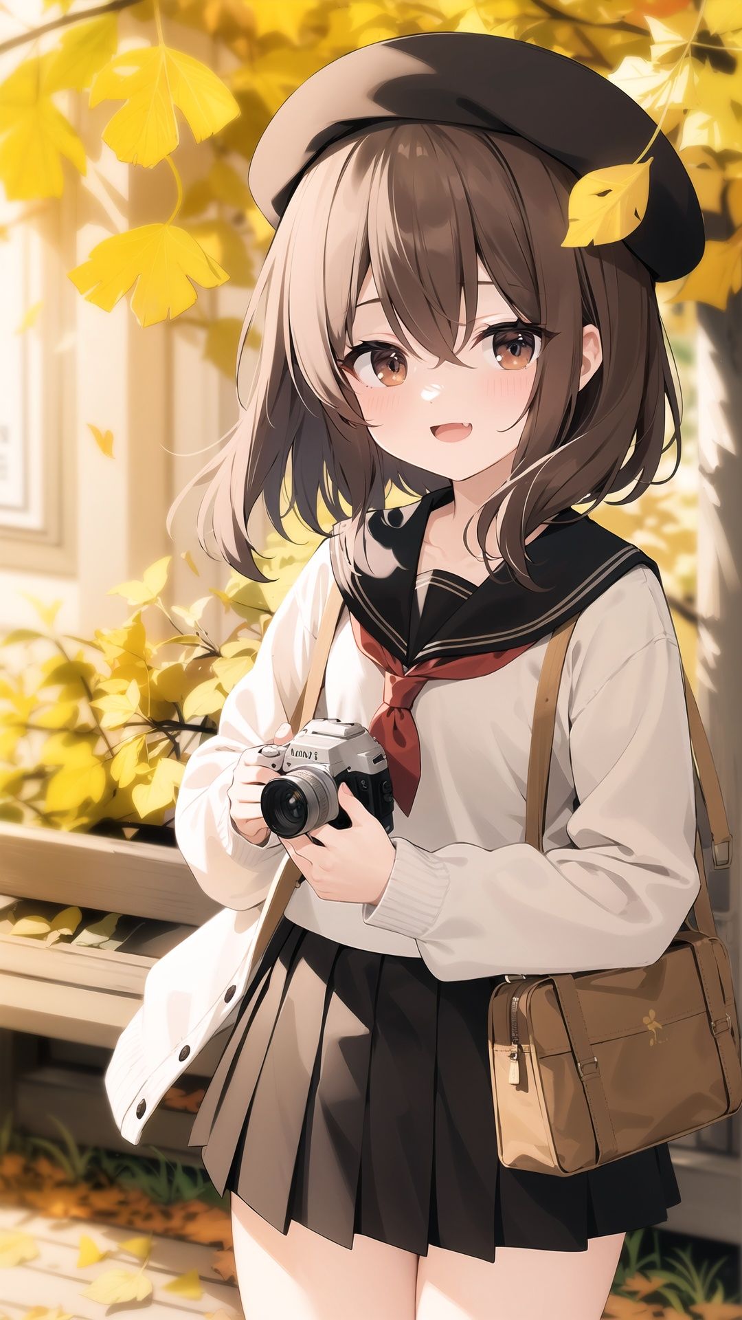1girl, skirt, sailor collar, holding, smile, pleated skirt, hat, school uniform, solo, camera, long hair, off shoulder, shirt, bag, brown eyes, blurry, :d, bangs, serafuku, black sailor collar, holding camera, black skirt, autumn leaves, white headwear, white shirt, leaf, long sleeves, open clothes, open mouth, puffy long sleeves, blush, looking at viewer, ginkgo leaf, animal, blurry foreground, depth of field, cardigan, animal on shoulder, squirrel, blurry background, bow, beret, brown hair, black bow, puffy sleeves, open cardigan, hair between eyes, autumn, shoulder bag, hair ribbon, ribbon, white cardigan, maple leaf, outdoors, collarbone, falling leaves