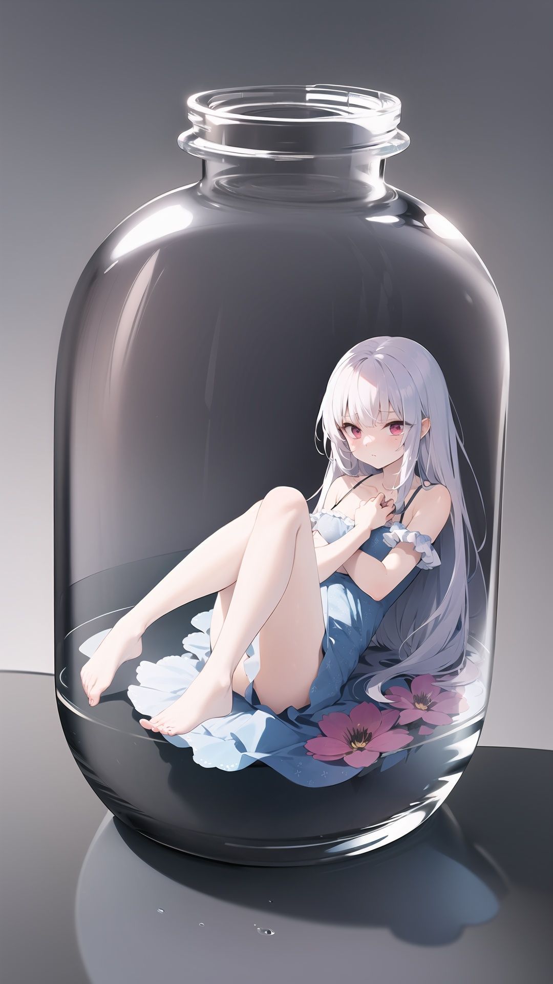 masterpiece, best quality, 1girl, in a jar, jar, simple background, full body, flower, sitting