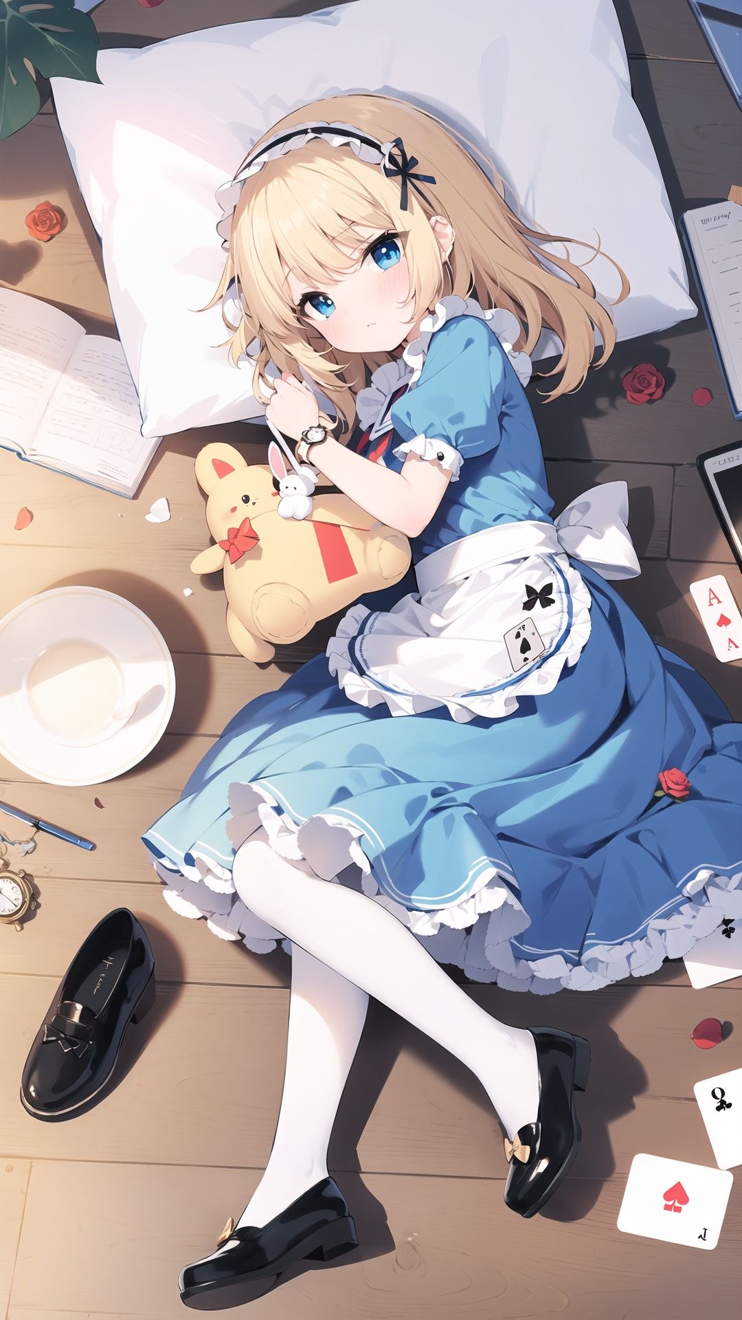1girl,blonde hair,long hair,alice (alice in wonderland),stuffed toy,blue eyes,watch,card,stuffed animal,pantyhose,apron,pocket watch,solo,dress,flower,book,cup,rose,shoes,lying,black footwear,playing card,teacup,on side,key,red flower,short sleeves,petals,stuffed bunny,blue dress,white apron,looking at viewer,hairband,bow,pillow,food,puffy sleeves,checkered floor,hat,cookie,red rose,frills,mary janes,puffy short sleeves,top hat,saucer,bangs,