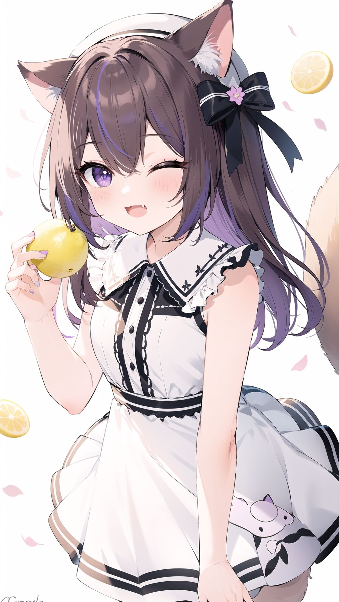 1girl, food, solo, holding, one eye closed, lemon, dress, cat ears, fruit, animal ears, holding food, smile, sleeveless, ;d, sleeveless dress, cat girl, fang, tail, cat tail, multicolored hair, hat, long hair, purple hair, purple eyes, animal ear fluff, brown hair, white dress, bare shoulders, open mouth, streaked hair, headwear removed, signature, hat removed, lemon slice, bow, looking at viewer, blush, bangs, hand up, white headwear, white background, petals, black bow, bare arms, hair ornament, striped, collared dress, hat bow, twitter username