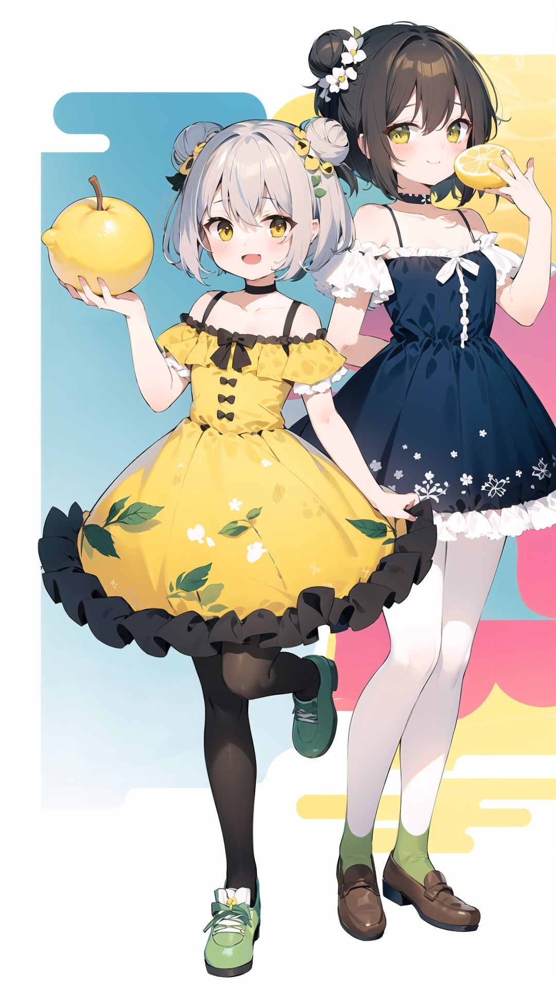 multiple girls, dress, lemon, 2girls, blue hair, smile, lemon slice, socks, brown eyes, fruit, food, shoes, long hair, open mouth, hair bun, bangs, blush, closed mouth, green dress, :d, looking at viewer, brown hair, single hair bun, collarbone, frills, hair ornament, pantyhose, standing, short sleeves, bare shoulders, brown footwear, choker, short hair, yellow dress, hair between eyes, standing on one leg, blue background, full body, bow, frilled dress, see-through, green footwear, food print, yellow eyes