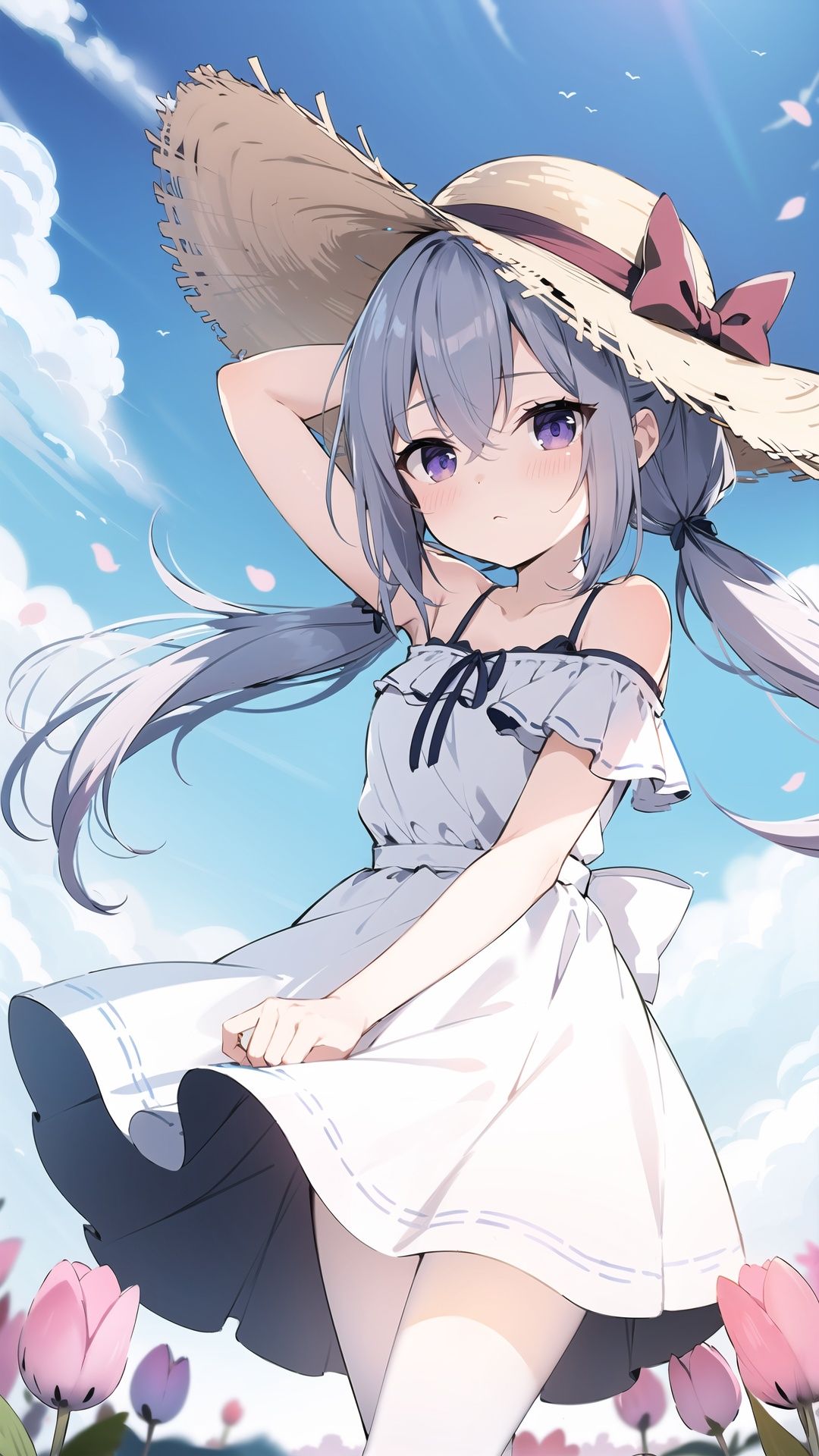 1girl,outdoors,solo,hat,dress,flower,tulip,purple eyes,long hair,white dress,looking at viewer,ribbon,pink flower,bangs,straw hat,day,sky,blush,hair ribbon,yellow flower,blue sky,red ribbon,bare shoulders,field,bow,twintails,petals,closed mouth,off shoulder,flower field,hair between eyes,tree,cloud,plaid,off-shoulder dress,grey hair,standing,hat bow,floating hair,arm up,wind,frills,low twintails,breasts,