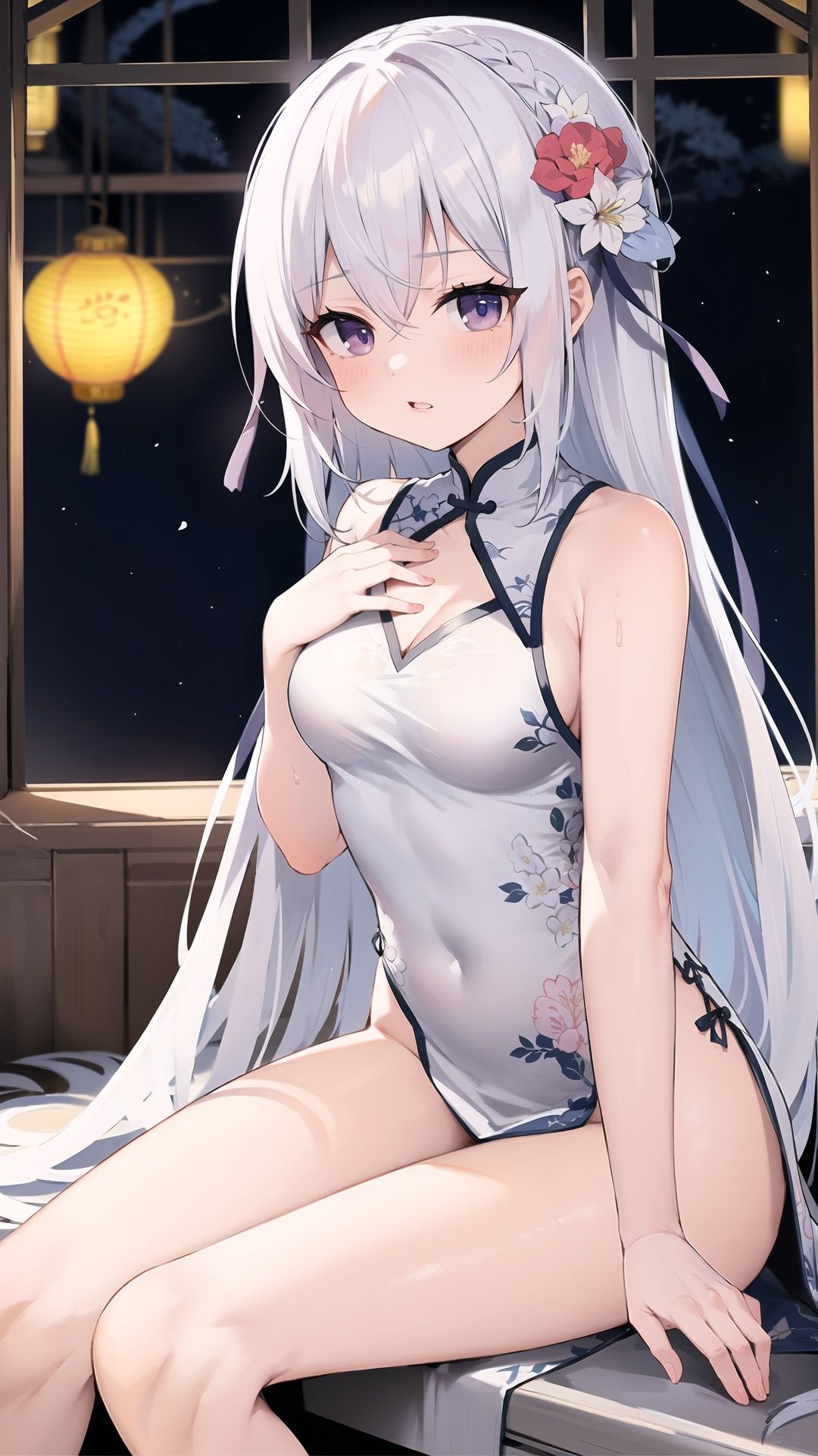 1girl, solo, dress, long hair, china dress, looking at viewer, chinese clothes, sleeveless, between legs, sitting, sleeveless dress, hair ornament, white dress, breasts, hand between legs, thighs, bare arms, pelvic curtain, bare shoulders, white hair, side slit, parted lips, hand on own chest, very long hair, petals, bangs, ribbon, grey eyes, indoors, red ribbon, print dress, window, night, blush, lantern, hand up, flower knot, medium breasts, lattice, hair between eyes, bare legs, sidelocks, bow, floral print, hair ribbon, collarbone