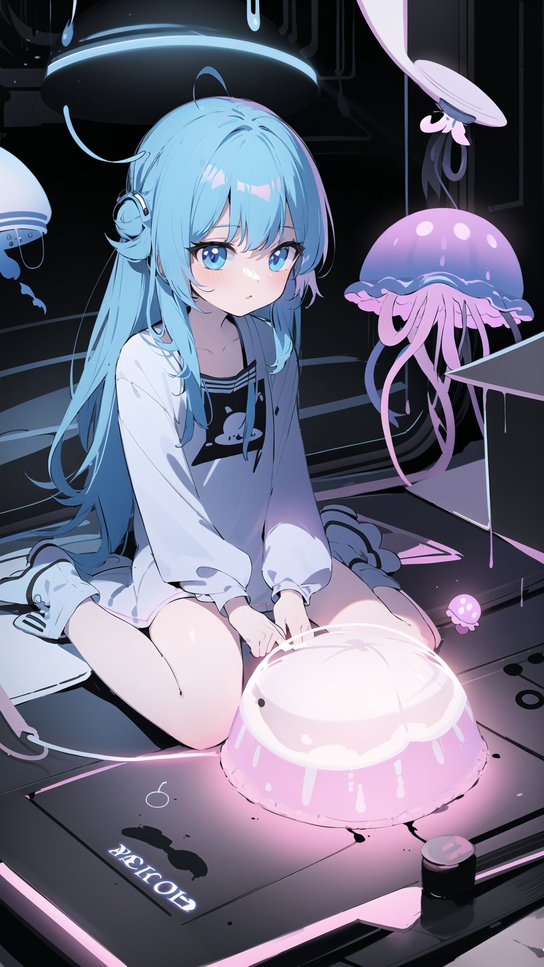 glowing jellyfish neon light, 1girl, sitting,wariza, (cute illustration:1.2), absurd-resolution, ultra-detailed, best quality,