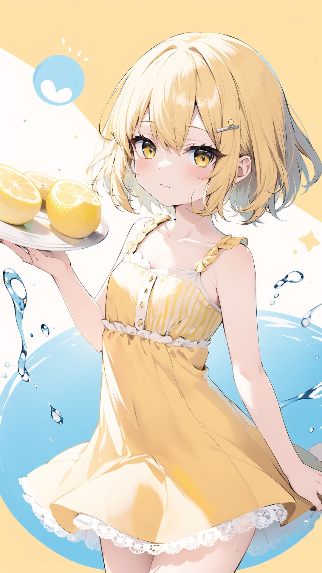 1girl, lemon, solo, dress, hair ornament, blonde hair, food, fruit, yellow eyes, short hair, yellow dress, yellow background, lemon slice, yellow theme, looking at viewer, sleeveless dress, sleeveless, bangs, water drop, collarbone, pleated dress, food-themed hair ornament, bare shoulders, cowboy shot, hairclip, green ribbon, simple background, short dress