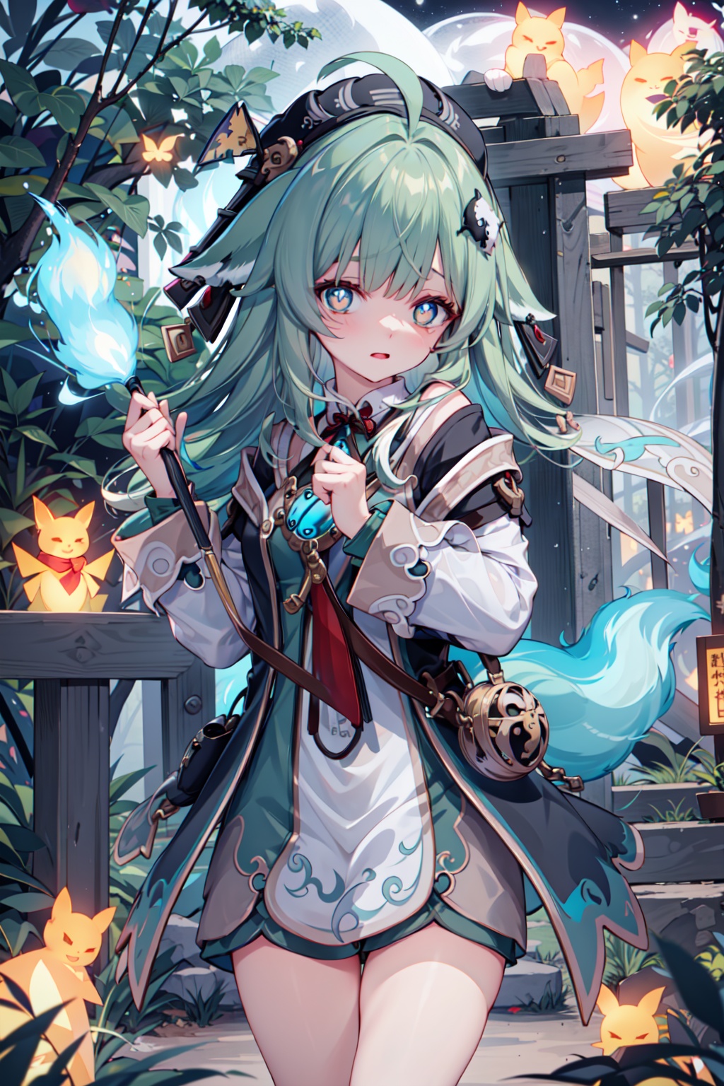 (masterpiece,  best quality),  1girl,  looking at viewer, huohuo,  beret,  hair ornament,  fox tail, ahoge,  outdoors,  forest,  (night:1.3),  firefly,  spirit,  ghost,  animal ears,<lora:EMS-88800-EMS:0.900000>