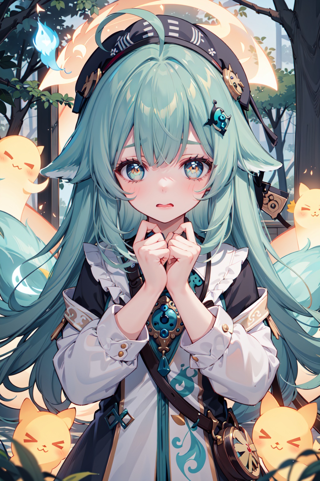 (masterpiece,  best quality),  1girl,  looking at viewer, huohuo,  worried,  wavy mouth,  scared,  night,  outdoors,  blue fire,  kodama,  fox tail, ahoge,  forest, green hair,  bangs,  long hair,  ahoge,  animal ears,  beret,  hair ornament,  green eyes,  firefly,  spirit,  ghost,  animal ears,<lora:EMS-88800-EMS:0.600000>