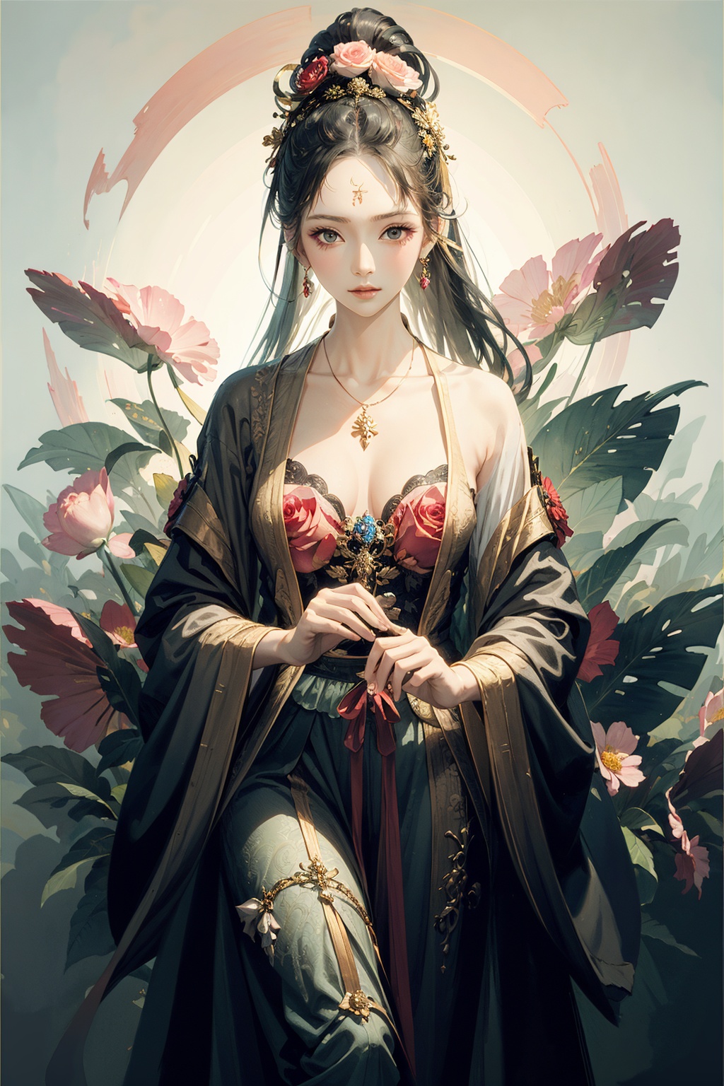  1girl, solo, hair ornament, flower, hair flower, makeup, blue hair, eyelashes, , hanfu,full body,looking_at_viewer,earrings,neck_tie,