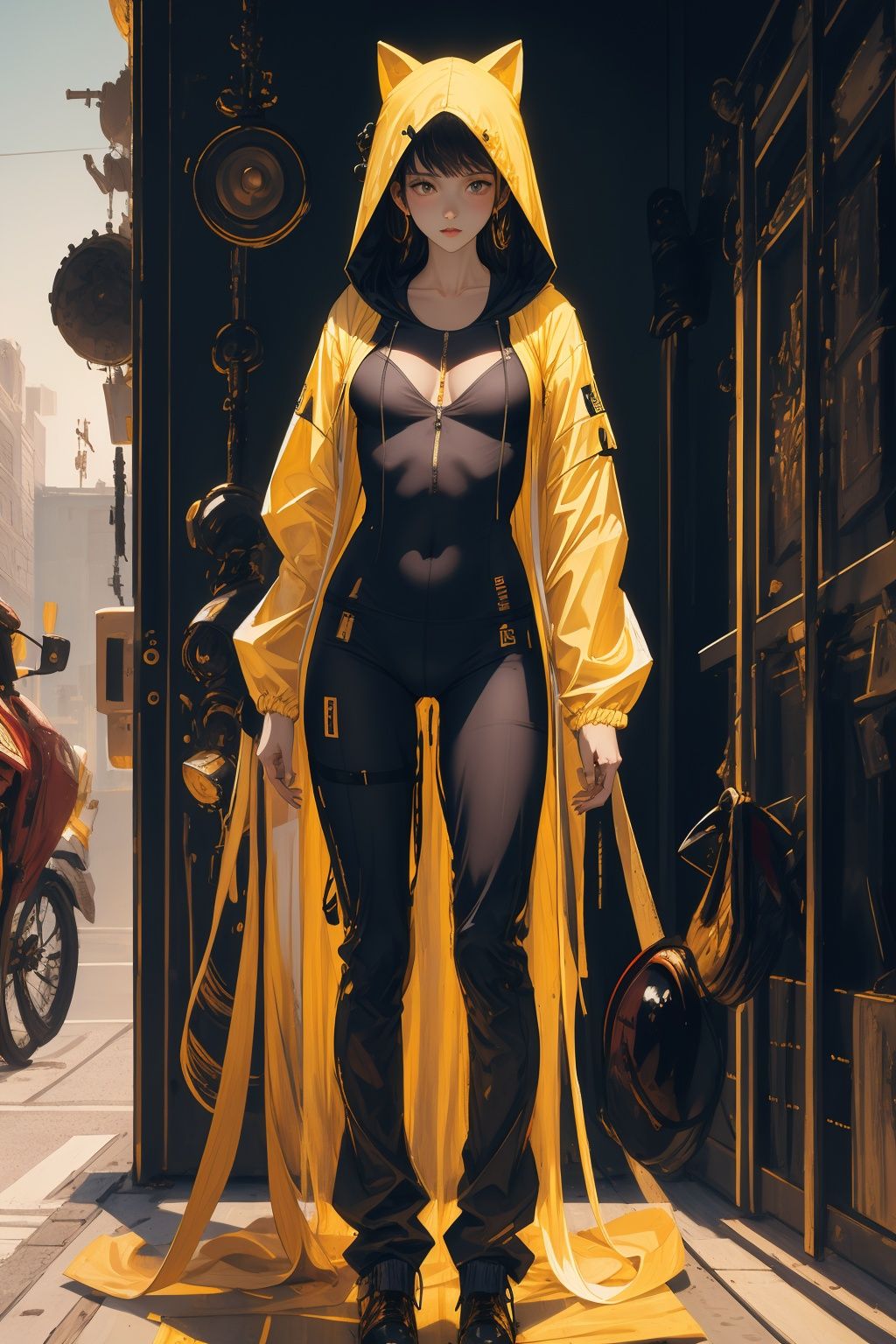  (((masterpiece,best quality))), （((Hooded windbreaker))）, body suit,, ,sitting,kemix,shuimobysim