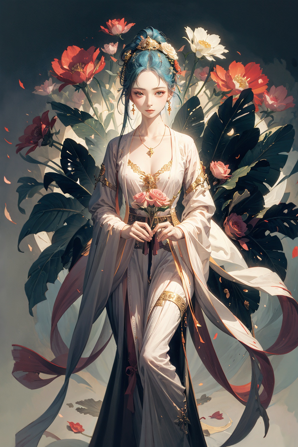  1girl, solo, hair ornament, flower, hair flower, makeup, blue hair, eyelashes, , hanfu,full body,looking_at_viewer,earrings,neck_tie,