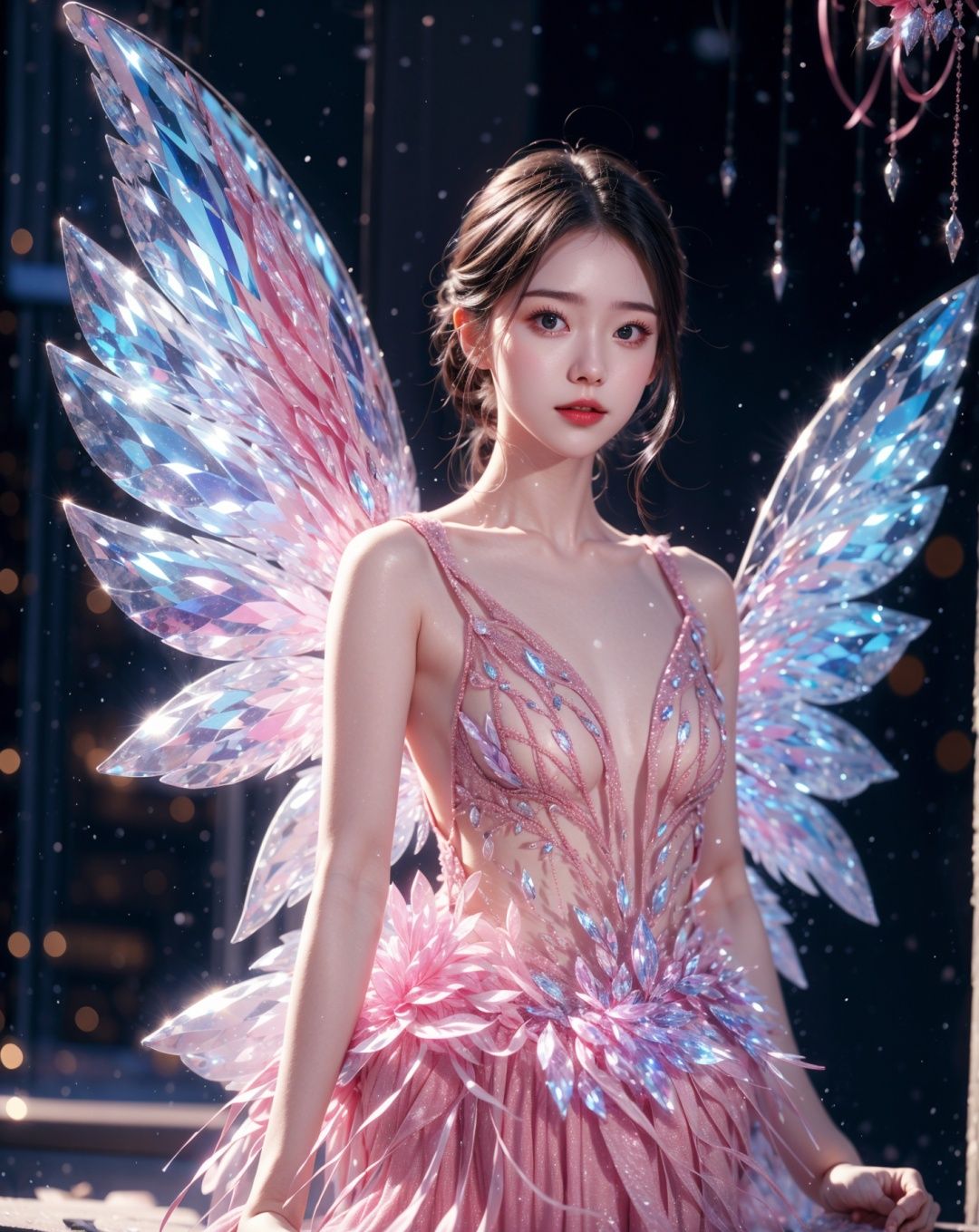  masterpiece,best quality,realistic,1girl,glowing,colorful,winter,snowing,night,cute girl, glowing,wings,dress,pink