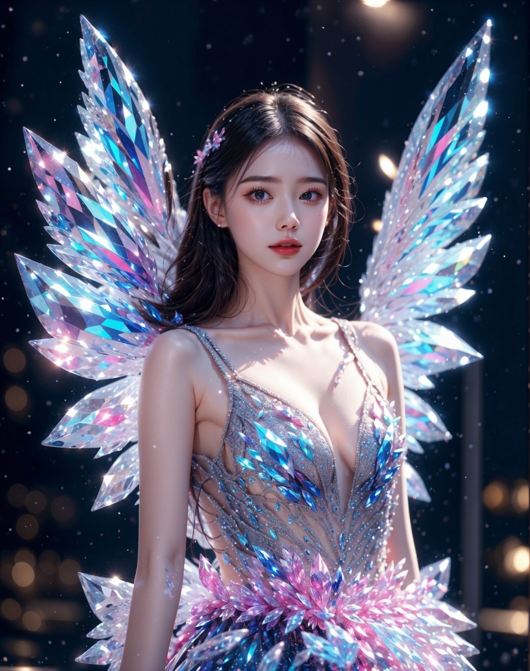  masterpiece,best quality,realistic,1girl,glowing,colorful,winter,snowing,night,cute girl, glowing,wings,crystal,dress,pink,blue theme,upper_body
