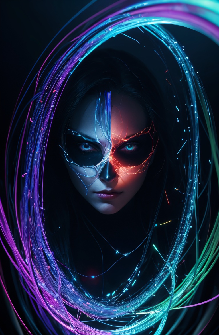 Abstract style mysterious figure emerges from the shadows in a tangled mess of iridescent wires and glowing mesh,  face hi...