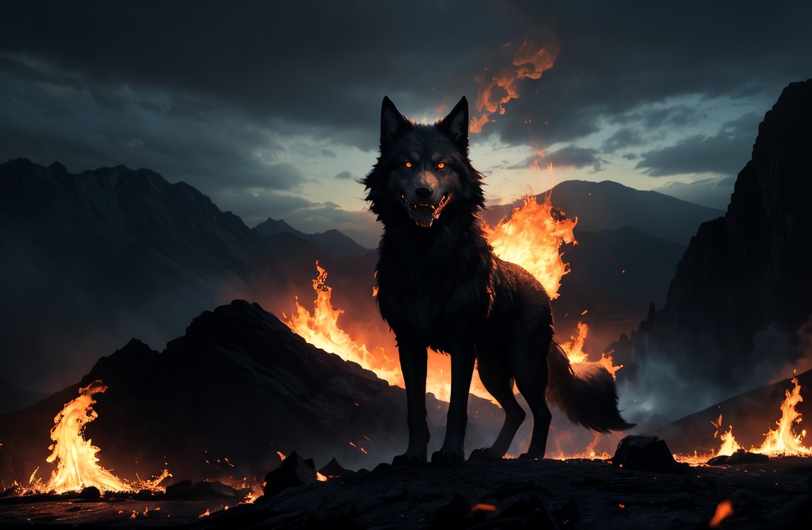 giant wolf Fenrir,  fire,  mountains on Tensor.Art