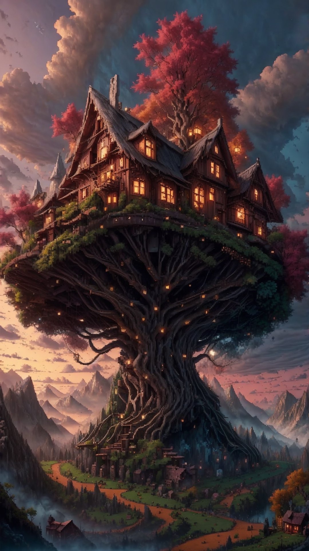 valley,  fairytale treehouse village covered, on Tensor.Art