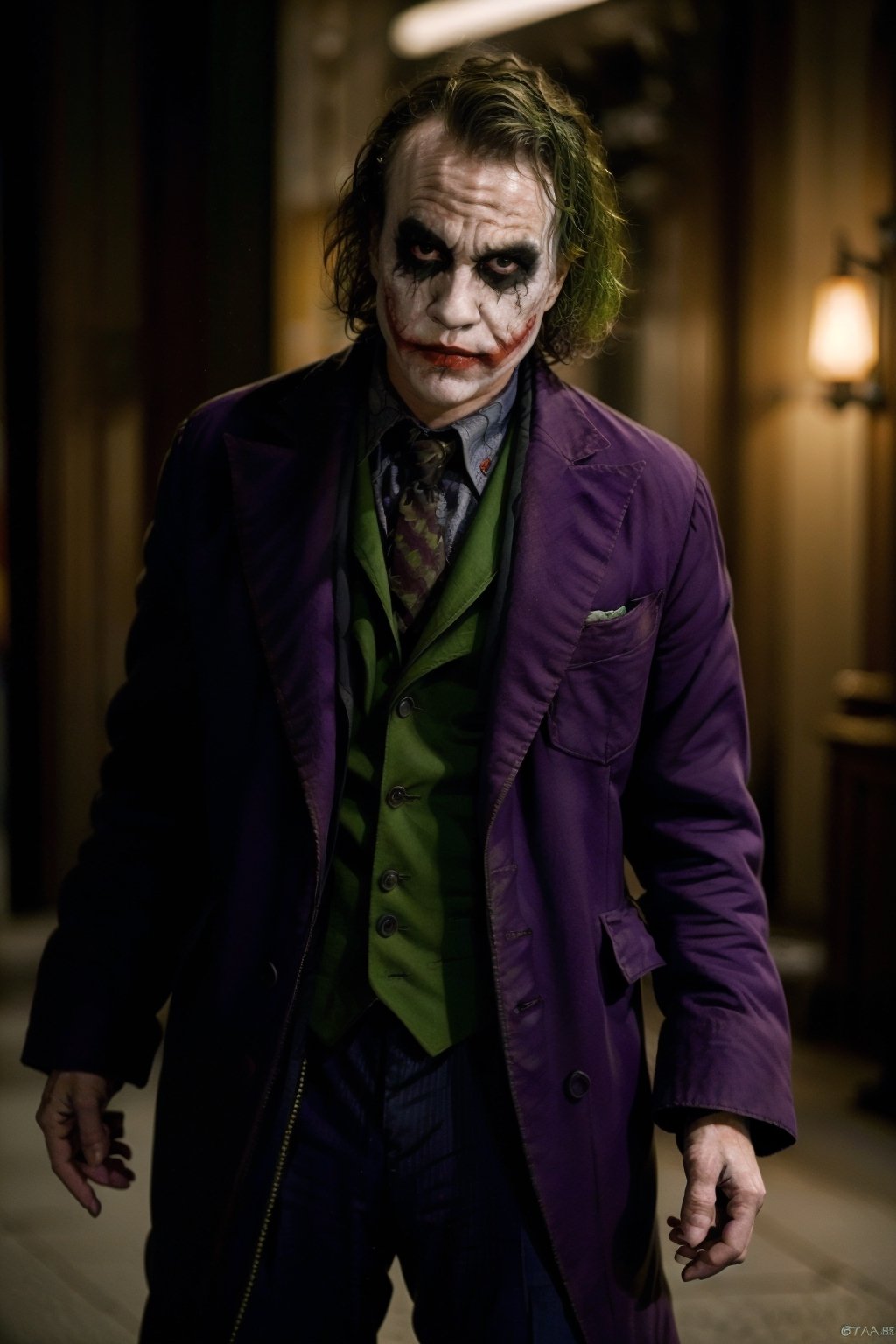 The Dark Joker with Green Evil Light eyes and lighting green thunder Dc ,  scary,  Classic Academia on Tensor.Art