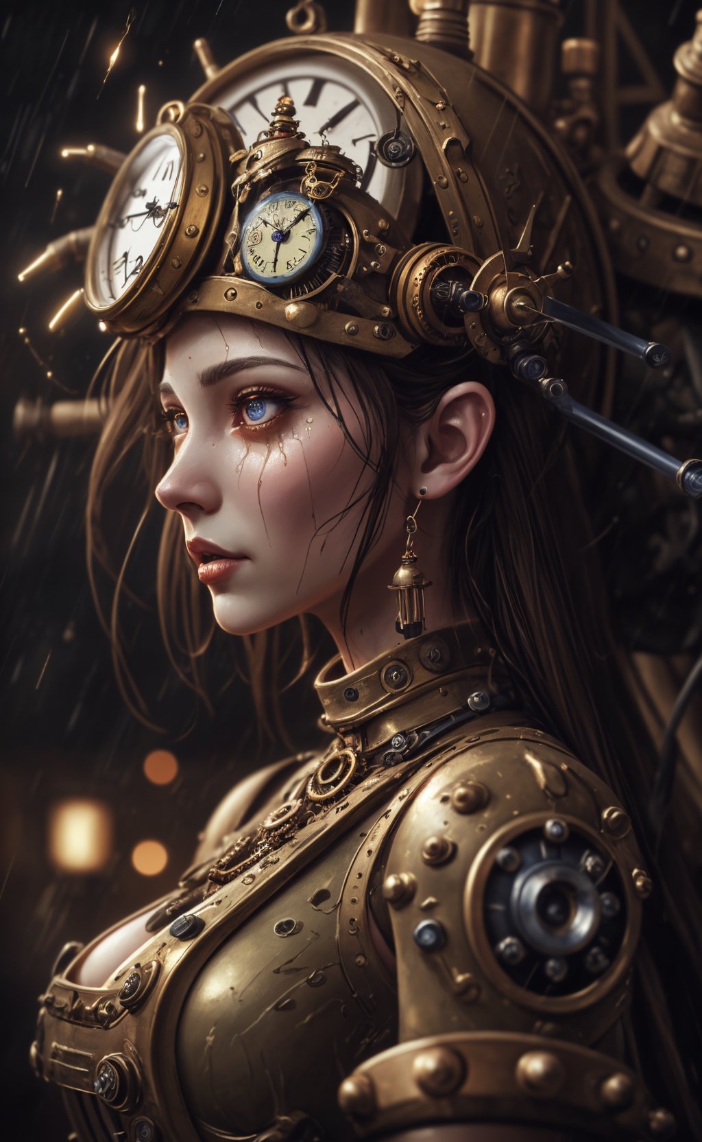 olpntng style,  high quality steampunk portrait of the woman called Goddess Time with a clock for a head played by Sam Ell...