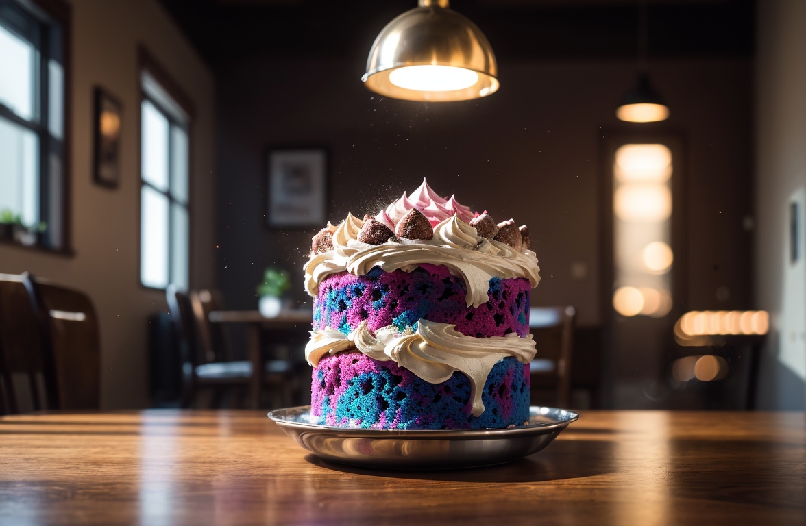 Delicious glowing galaxy cake on a dining table in the kitchen,  comfortable light ,  romantic light on Tensor.Art