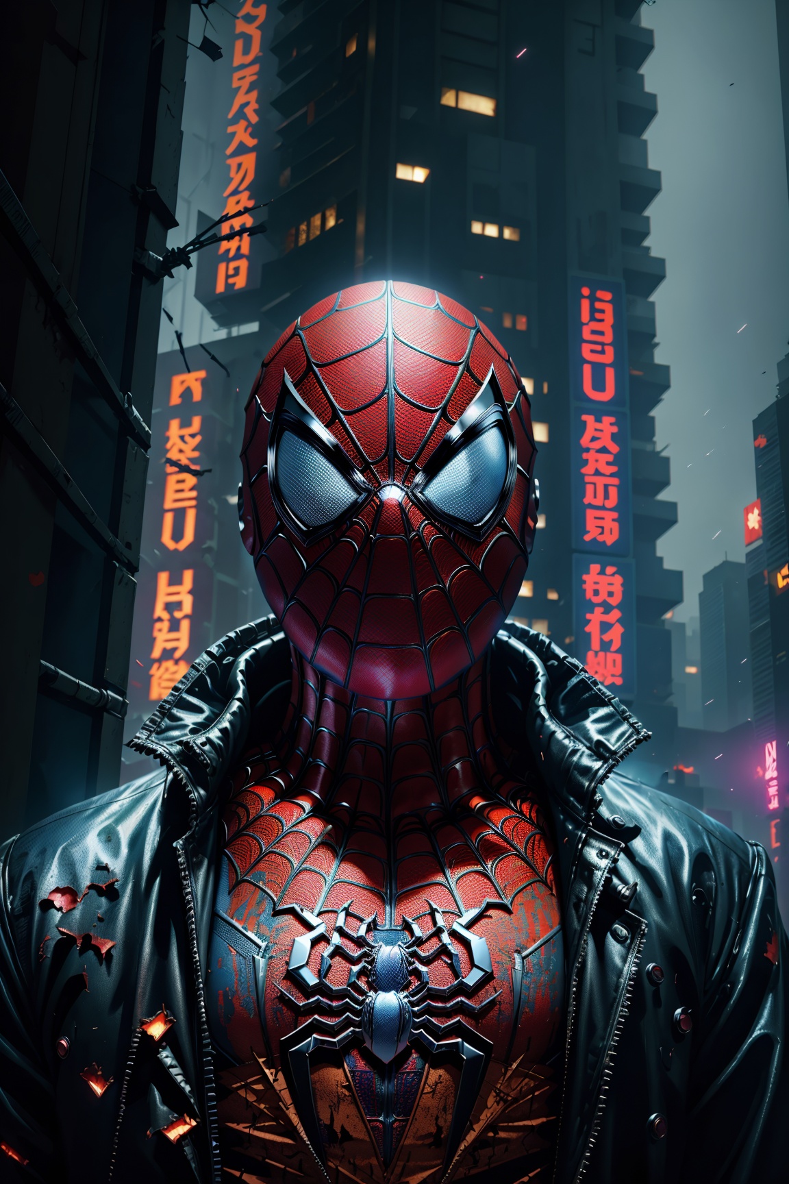 (Killer Spider-Man) from (Marvel),  the entire suit drenched in blood,  with (pieces of torn clothes) scattered about. The...