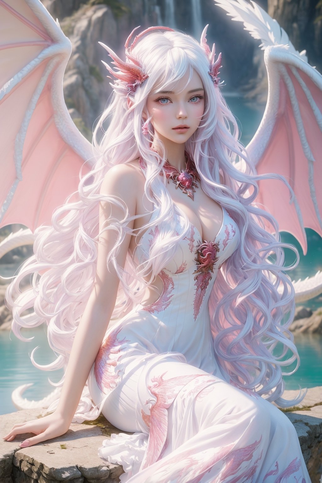 masterpiece,  1 girl,  Extremely beautiful woman sitting at the edge of a lake with very large glowing dragon wings on Ten...