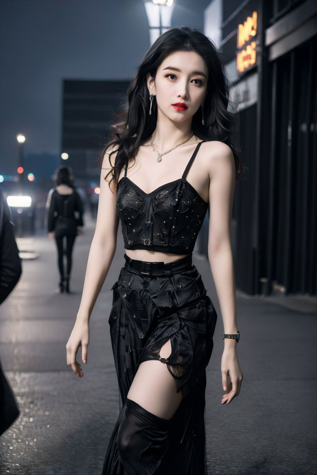  1 girl, young woman, black dress, (short:1.2), sexy, alluring, seductive, beautiful eyes, light makeup, black hair, long hair, (curly hair:1.1), earrings, necklace, bracelet, high heels, thigh-highs, legs, walking, outdoor, city, night, streetlights, neon signs, buildings, (cityscape:1.2), urban, modern, fashionable, confident, (sophisticated:1.1), mysterious, allure, attractive, (glamorous:1.0), posh, stylish, elegant, (classy:1.1), portrait, close-up, shallow depth of field, (cinematic composition:1.3), urban life, city girl, nightlife, vibrant, energetic, dynamic, (hdr:1.0), accent lighting, (pantyshot:1.0), fish eye lens.heigirl