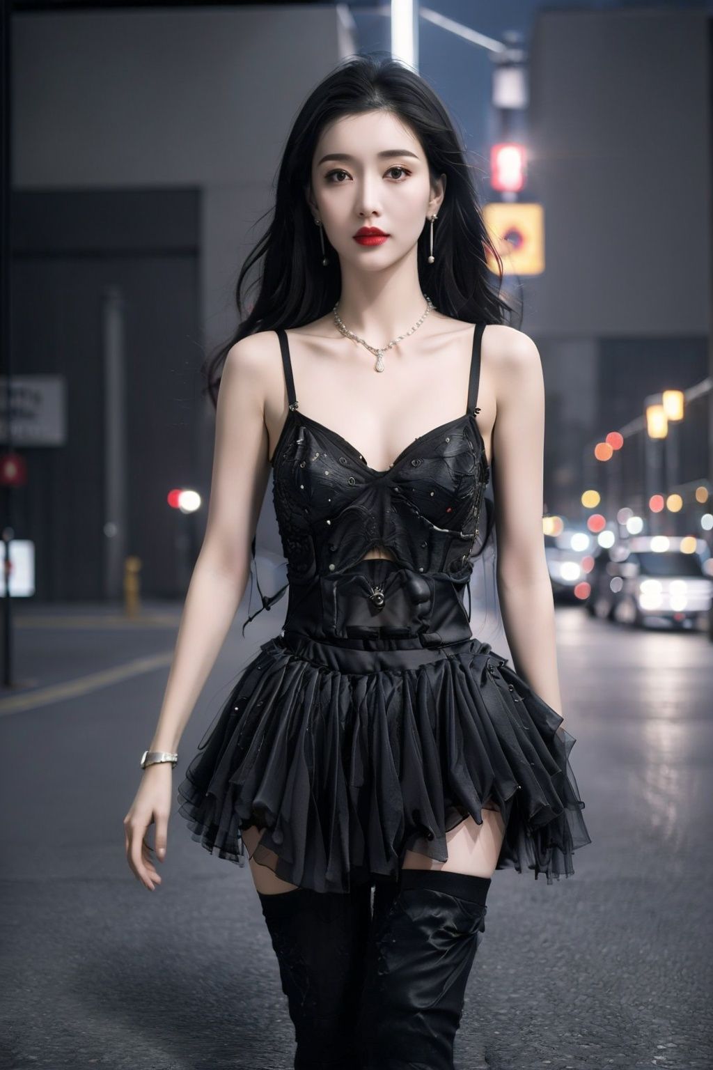   1  girl,  young  woman,  black  dress,  (short:1.2),  sexy,  alluring,  seductive,  beautiful  eyes,  light  makeup,  black  hair,  long  hair,  (curly  hair:1.1),  earrings,  necklace,  bracelet,  high  heels,  thigh-highs,  legs,  walking,  outdoor,  city,  night,  streetlights,  neon  signs,  buildings,  (cityscape:1.2),  urban,  modern,  fashionable,  confident,  (sophisticated:1.1),  mysterious,  allure,  attractive,  (glamorous:1.0),  posh,  stylish,  elegant,  (classy:1.1),  portrait,  close-up,  shallow  depth  of  field,  (cinematic  composition:1.3),  urban  life,  city  girl,  nightlife,  vibrant,  energetic,  dynamic,  (hdr:1.0),  accent  lighting,  (pantyshot:1.0),  fish  eye  lens.heigirl
