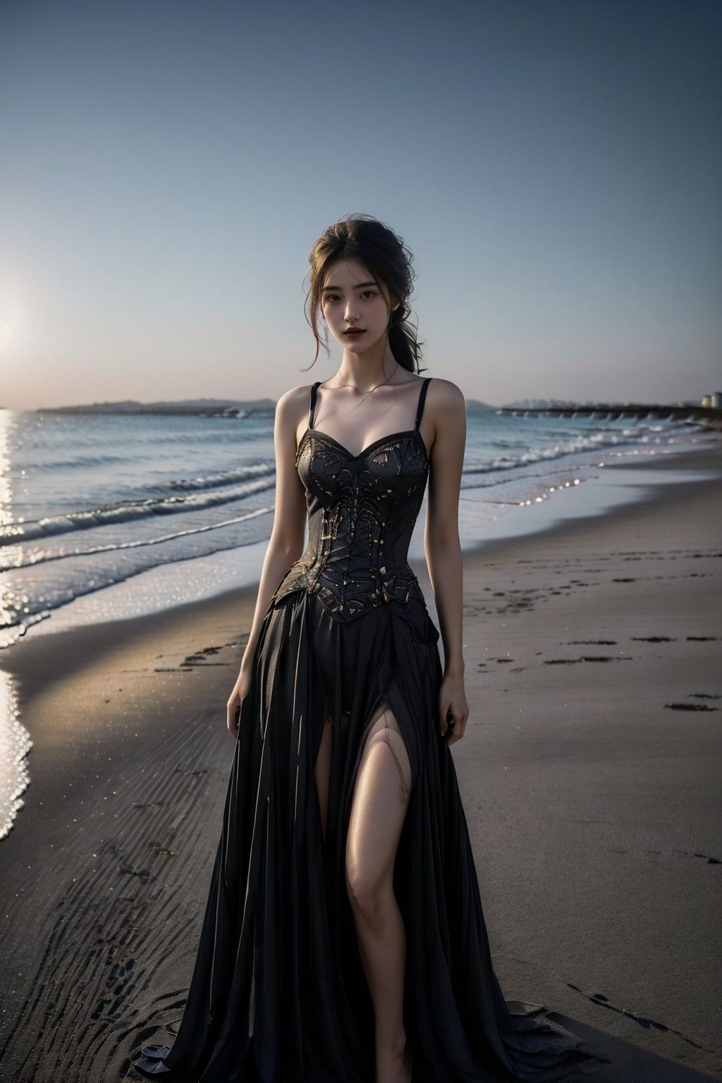  ((masterpiece)), ((best quality)), 8k, high detailed, ultra-detailed, (20-year-old girl), (dress), (strap dress), (on the beach), (solo), (seaside), (sunset), (golden hour), (ocean waves), (sand), (serenity).cuihua,heigirl