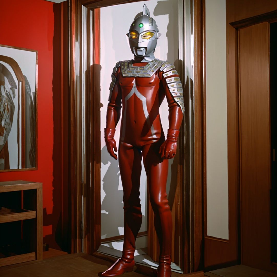 breastplate, pauldrons, shoulder armor, armor,helmet,red footwear,red tight-fitting,silver pattern on body,bodysuit,gem,plugsuit,mask,cover,logo,boots,gloves,red legwear,red gloves,red bodysuit,leather suit,ultraman,latex