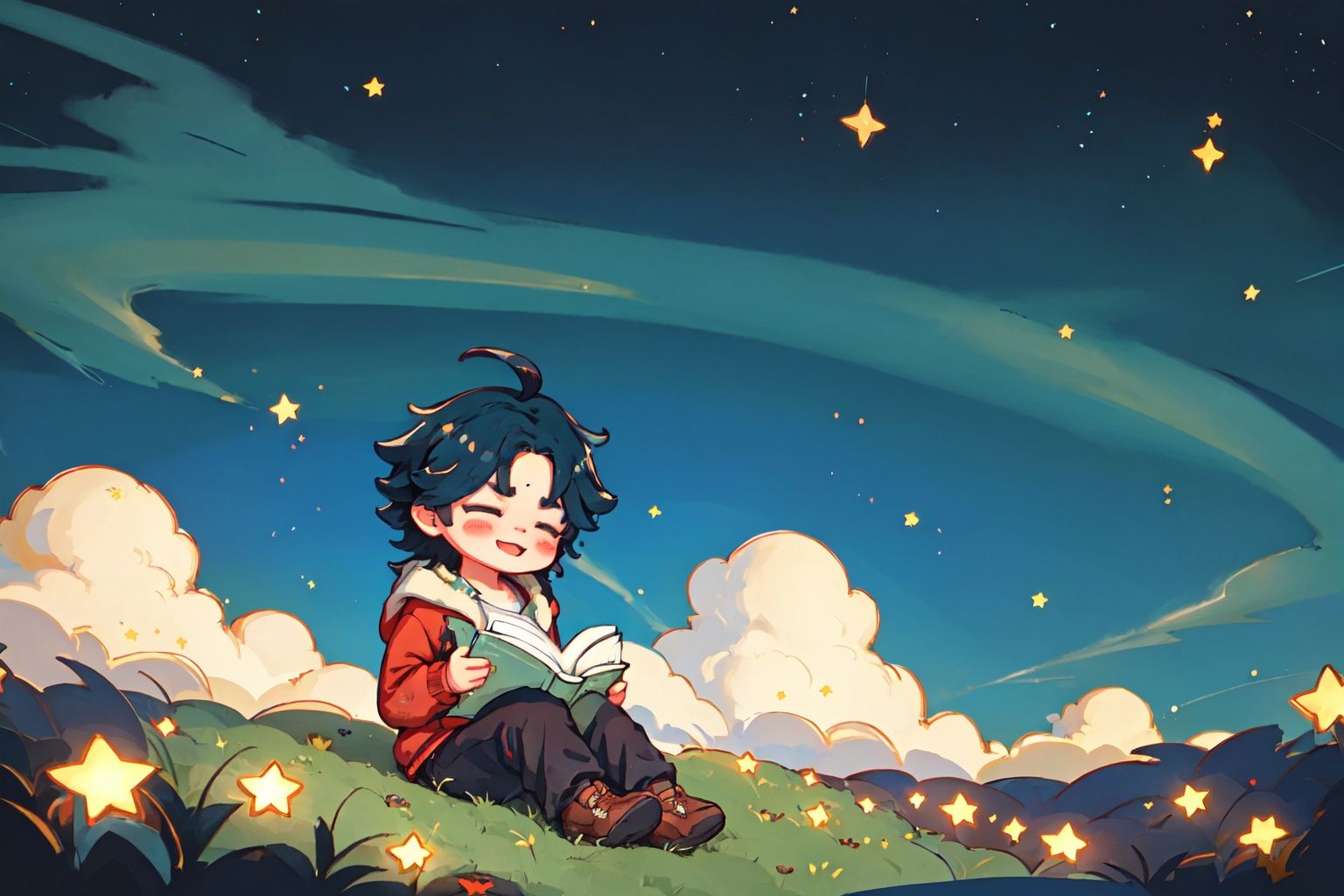  1cute boy,Lawn, reading, starry sky